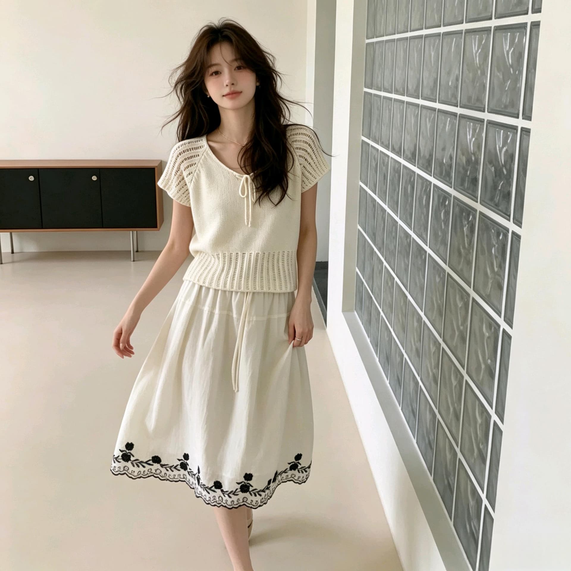 실사 한 부서 V넥 펌프 로프 홀로우 아웃 니트 맨위 여름 얇은 스타일 루즈핏 반팔 블라우스 쇼트 스타일 슬림해 보이는 작은 셔츠 상세 이미지 5