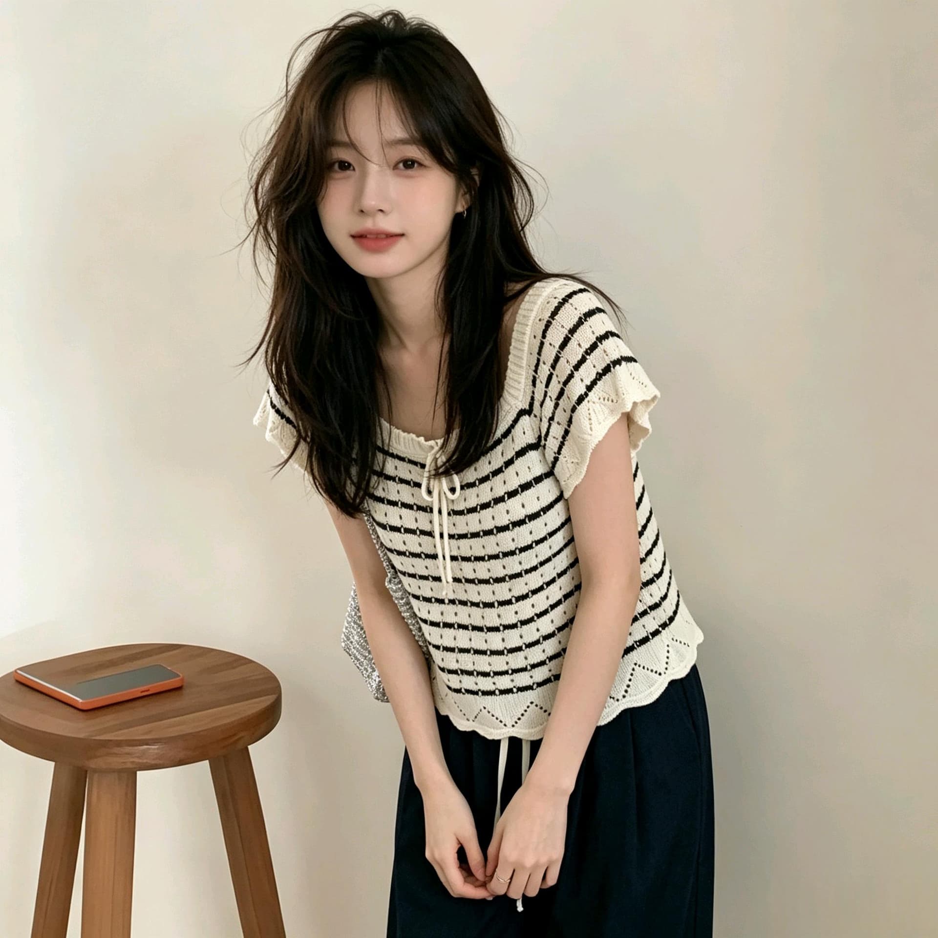 실사 작은 대중 디자인 센스 스트라이프 홀로우 아웃 반팔 맨위 한 부서 느슨함 센스 광장 칼라 레이스업 쇼트 스타일 니트 스웨터 이미지 2