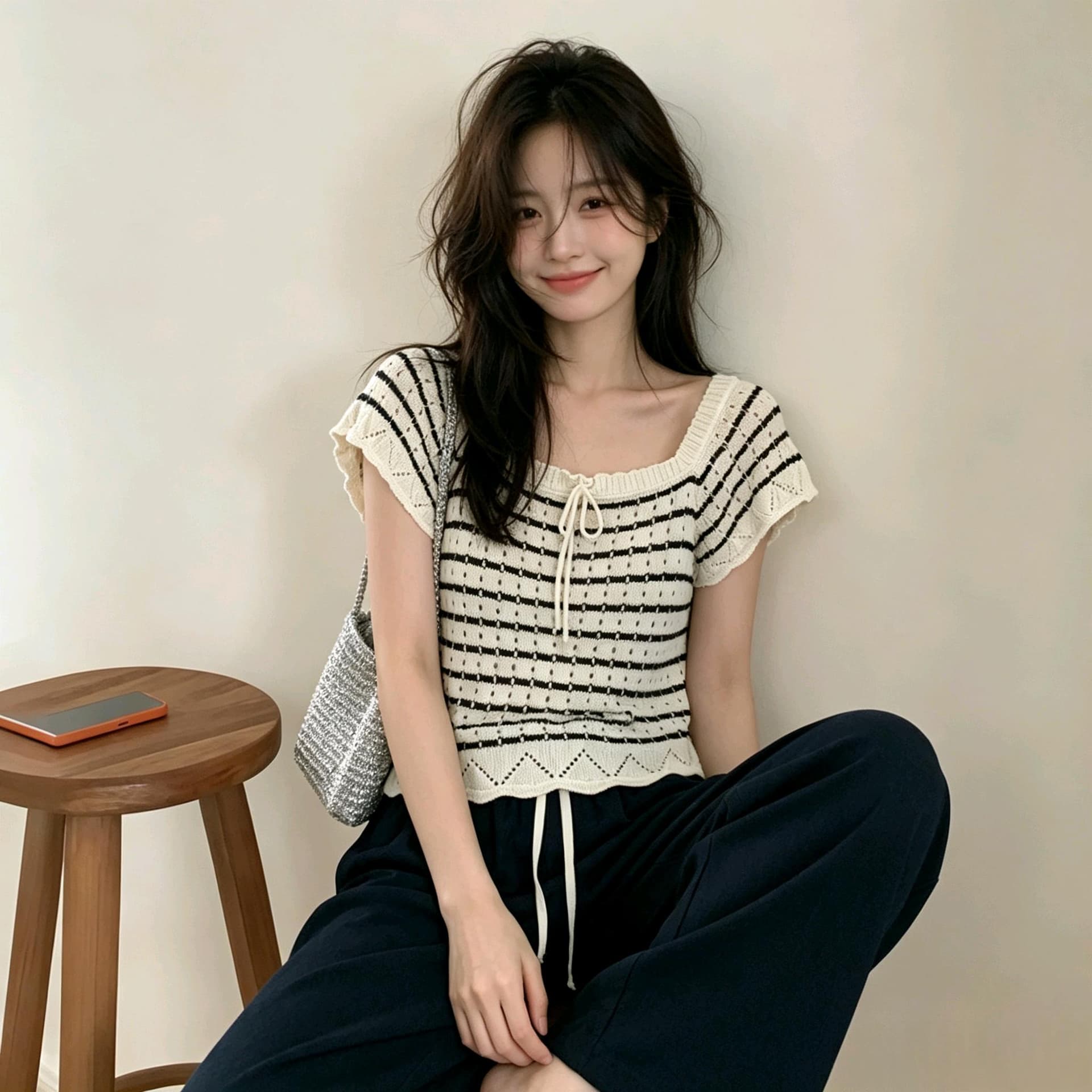 실사 작은 대중 디자인 센스 스트라이프 홀로우 아웃 반팔 맨위 한 부서 느슨함 센스 광장 칼라 레이스업 쇼트 스타일 니트 스웨터 상세 이미지 1