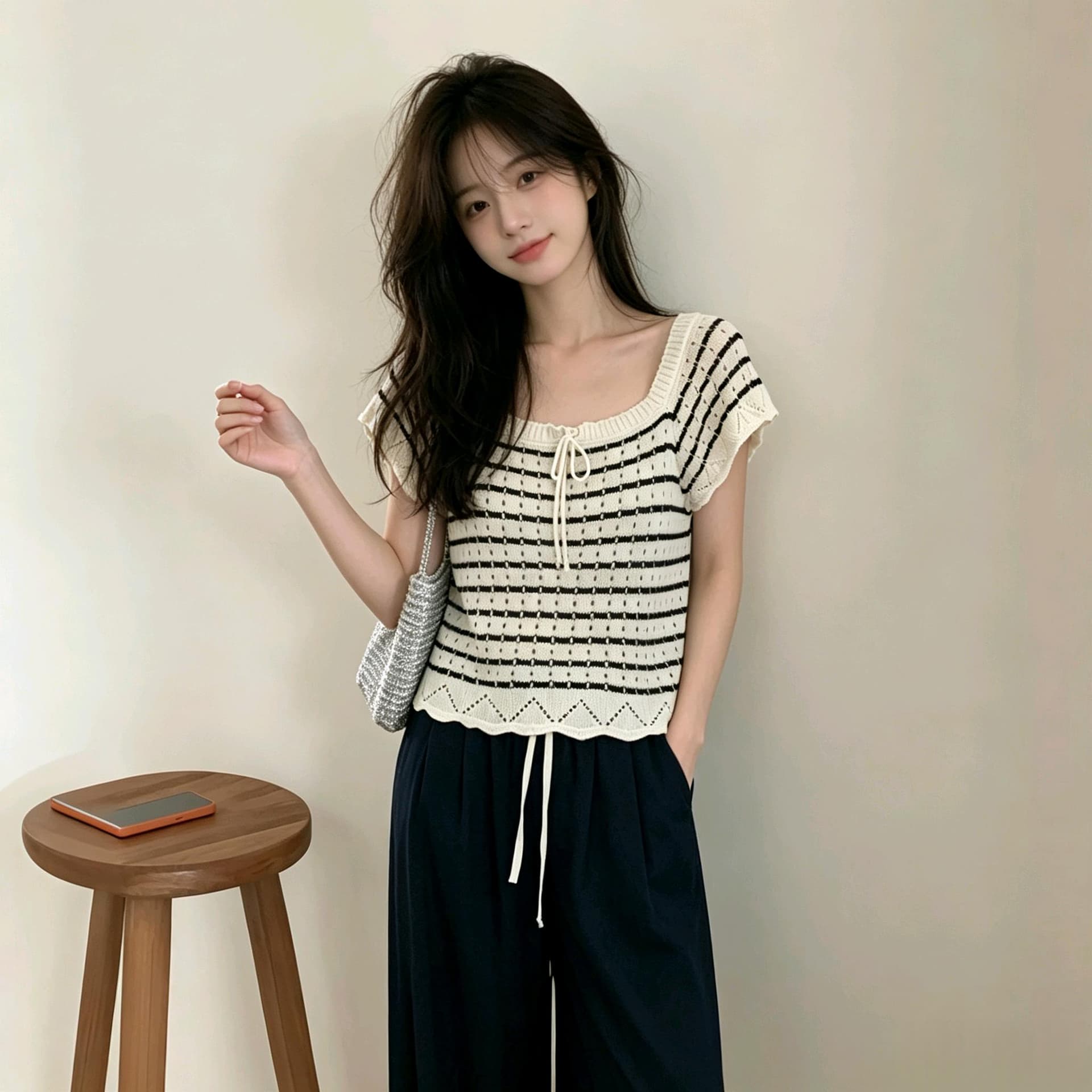 실사 작은 대중 디자인 센스 스트라이프 홀로우 아웃 반팔 맨위 한 부서 느슨함 센스 광장 칼라 레이스업 쇼트 스타일 니트 스웨터 상세 이미지 2