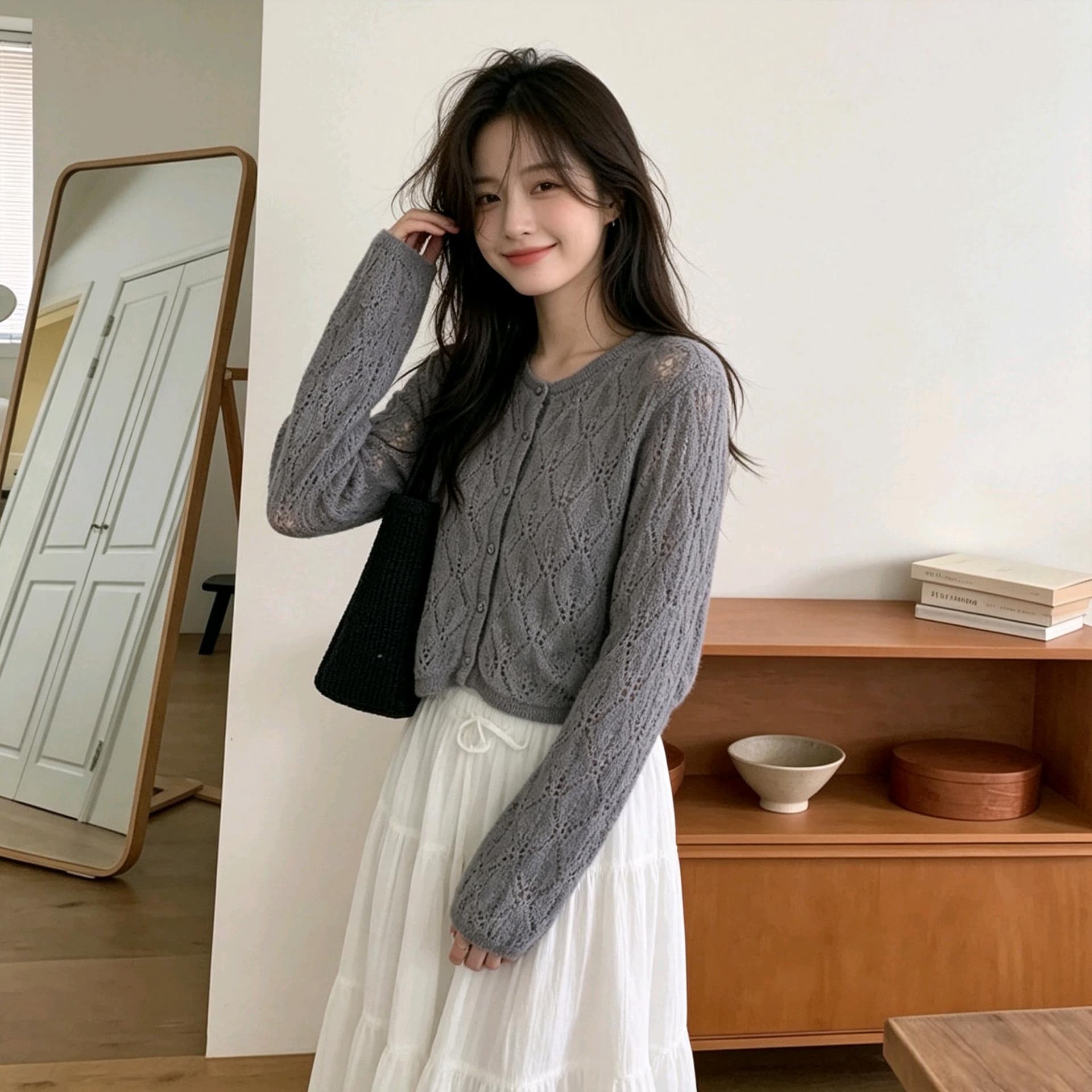 실사 이른 가을 얇은 스타일 통기성 홀로우 아웃 니트 오픈 가디건 레트로 링 그리드 무늬 루즈핏 작은 키 쇼트 스타일 외부 가져 가라. 이미지 2
