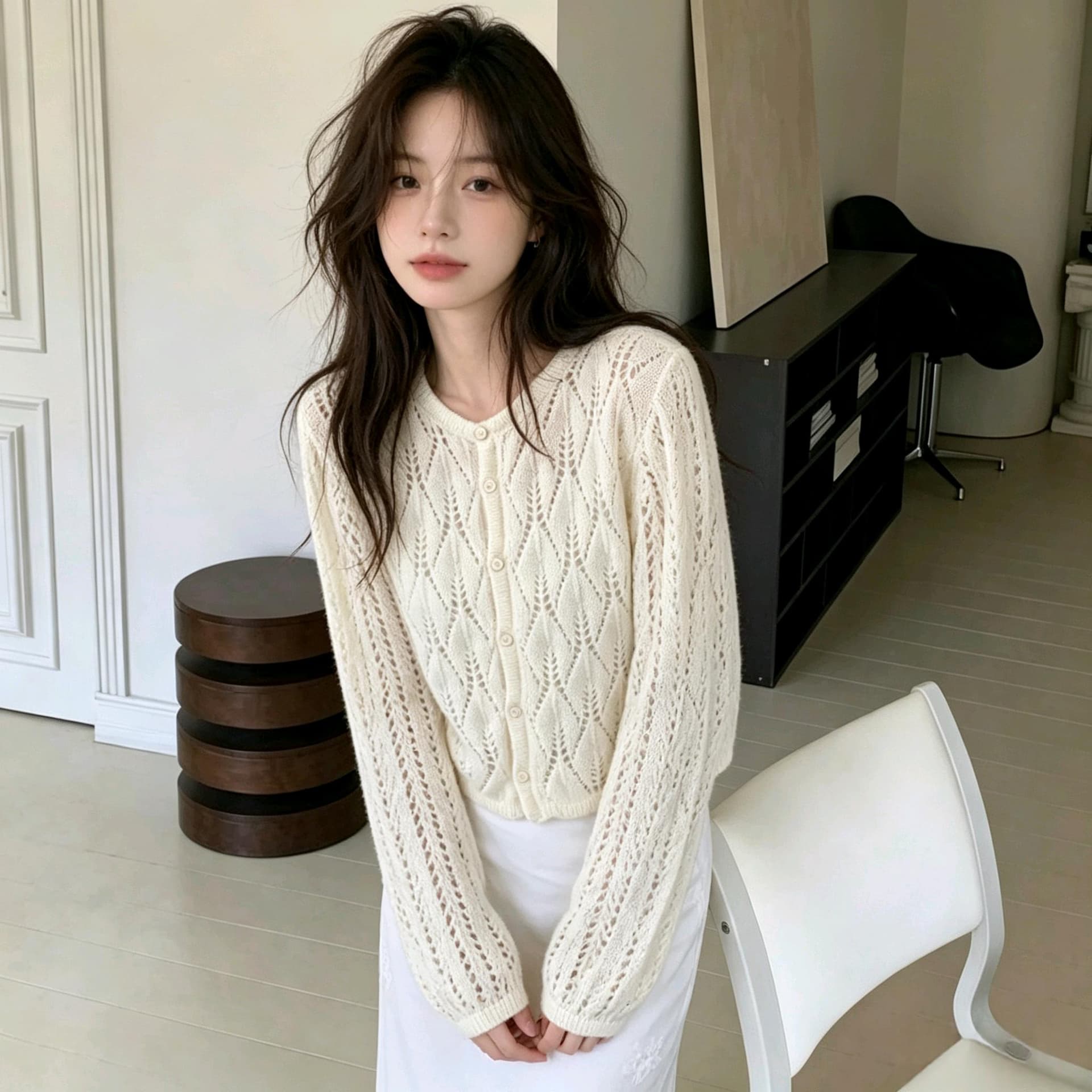 실사 이른 가을 얇은 스타일 통기성 홀로우 아웃 니트 오픈 가디건 레트로 링 그리드 무늬 루즈핏 작은 키 쇼트 스타일 외부 가져 가라. 상세 이미지 1