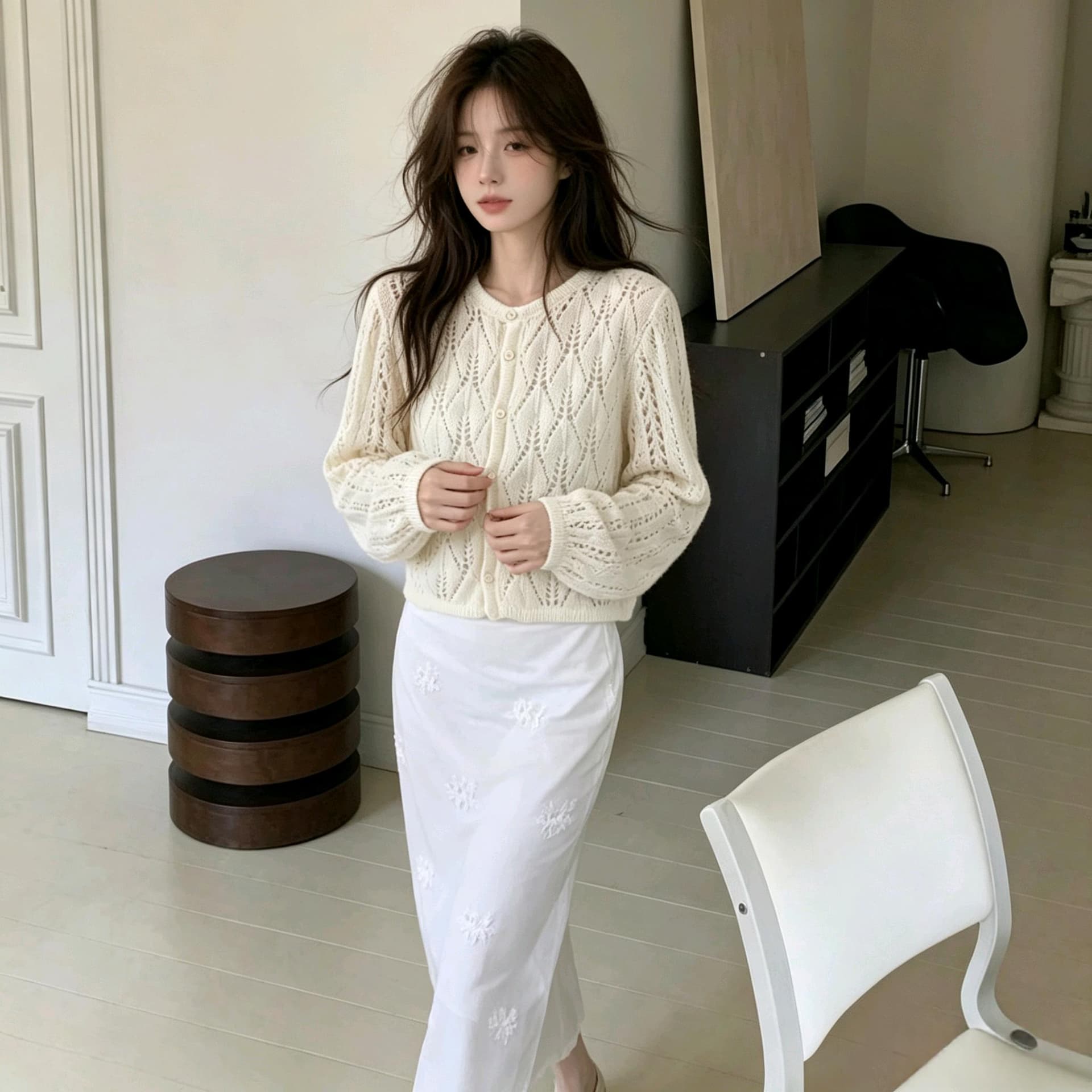실사 이른 가을 얇은 스타일 통기성 홀로우 아웃 니트 오픈 가디건 레트로 링 그리드 무늬 루즈핏 작은 키 쇼트 스타일 외부 가져 가라. 상세 이미지 2