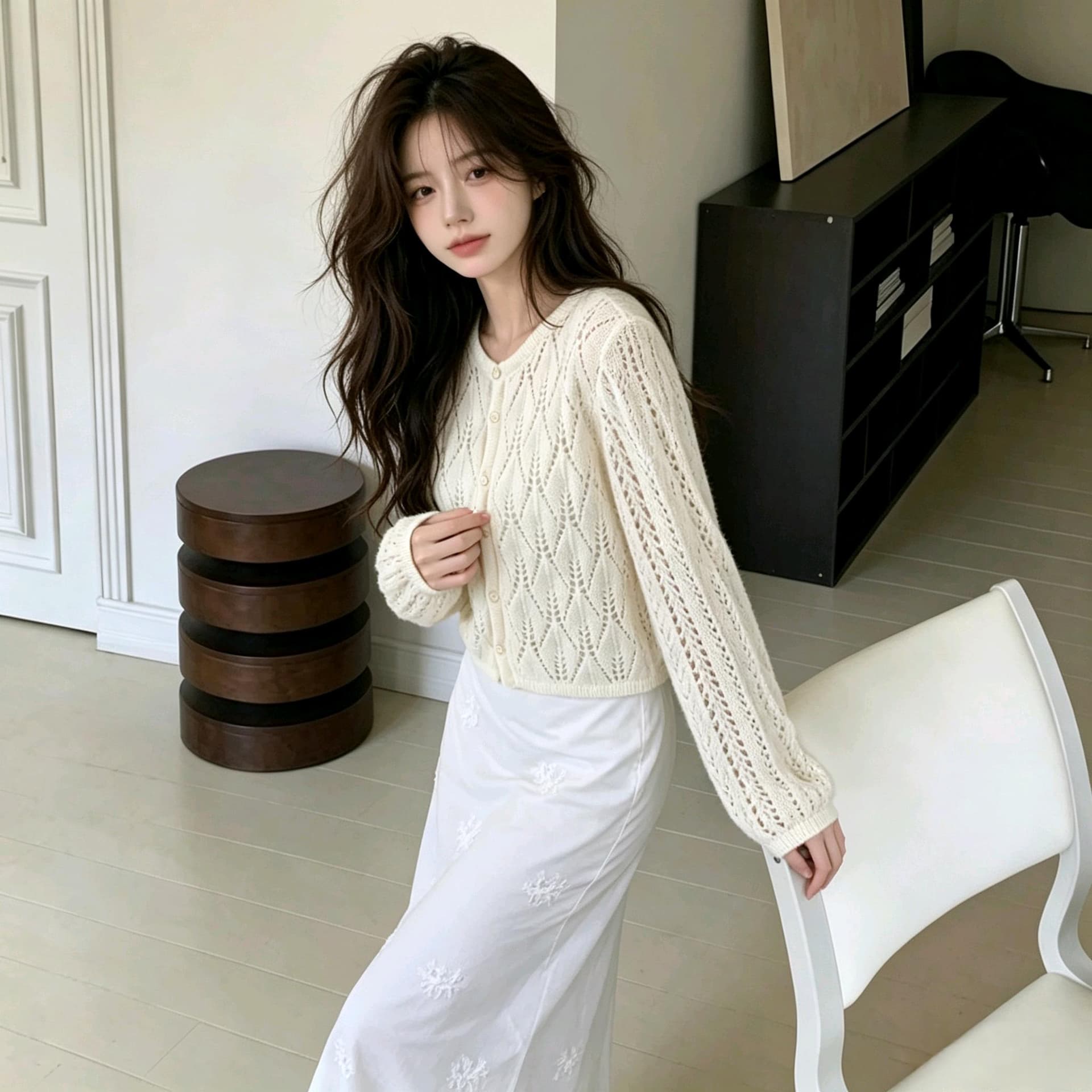 실사 이른 가을 얇은 스타일 통기성 홀로우 아웃 니트 오픈 가디건 레트로 링 그리드 무늬 루즈핏 작은 키 쇼트 스타일 외부 가져 가라. 상세 이미지 4