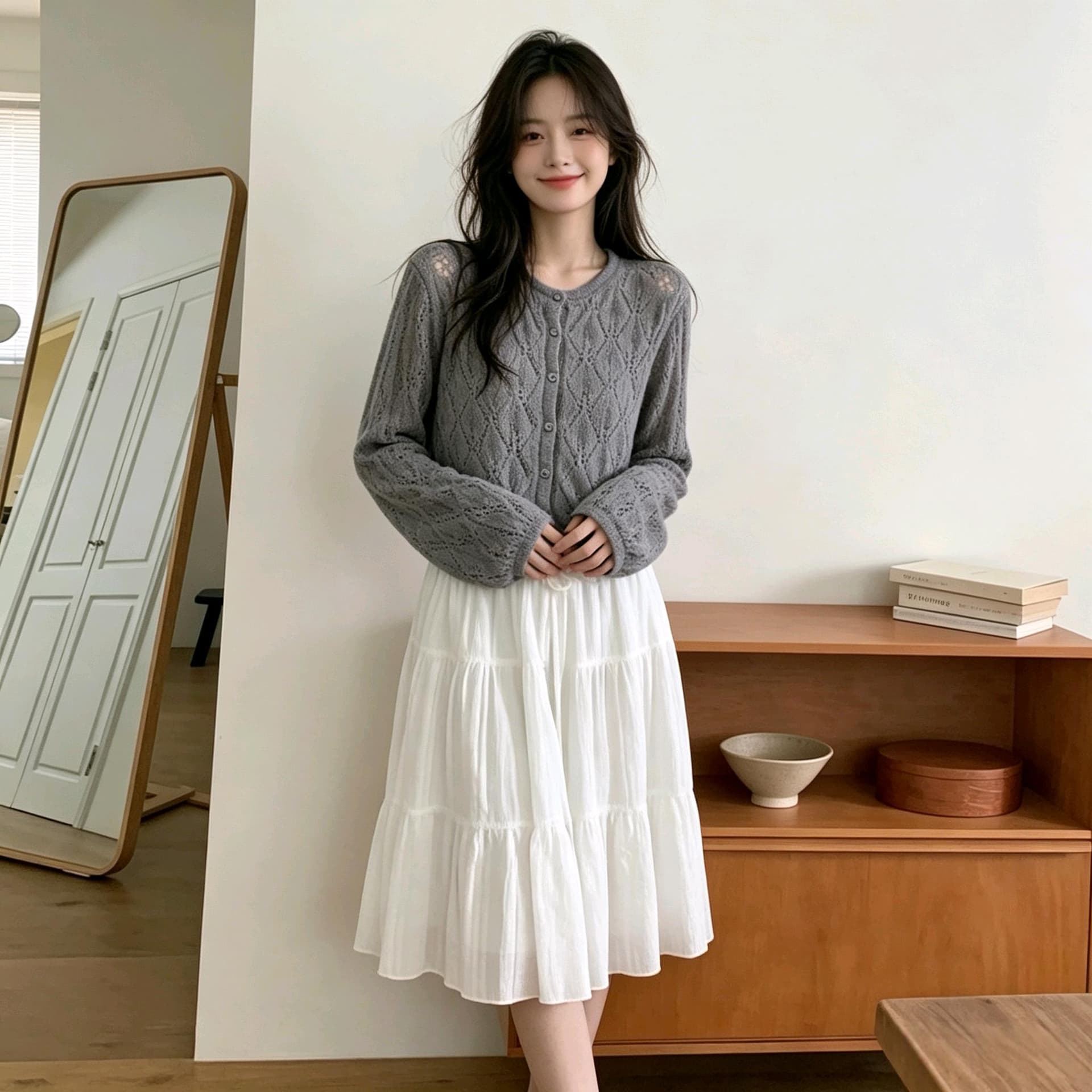 실사 이른 가을 얇은 스타일 통기성 홀로우 아웃 니트 오픈 가디건 레트로 링 그리드 무늬 루즈핏 작은 키 쇼트 스타일 외부 가져 가라. 상세 이미지 5