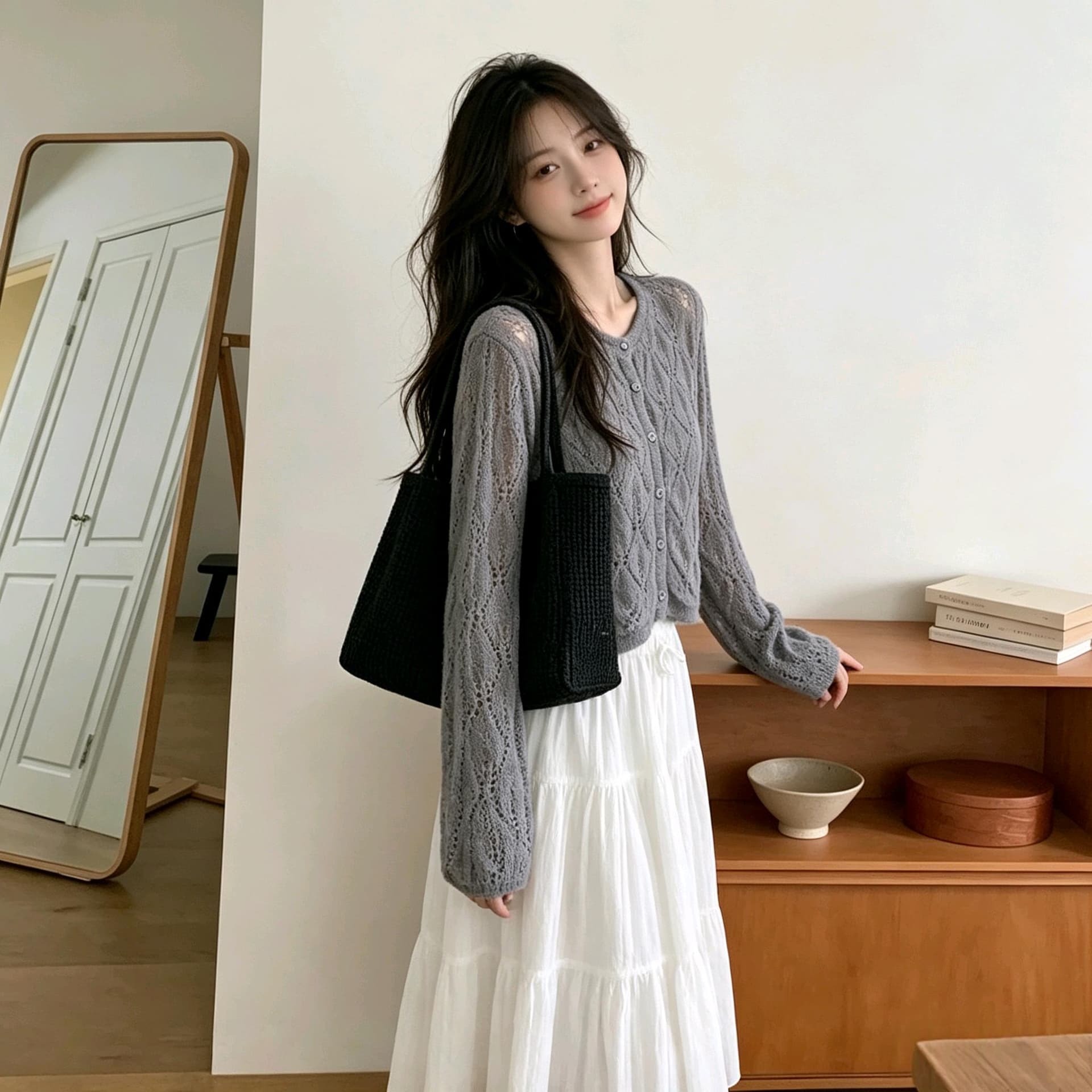 실사 이른 가을 얇은 스타일 통기성 홀로우 아웃 니트 오픈 가디건 레트로 링 그리드 무늬 루즈핏 작은 키 쇼트 스타일 외부 가져 가라. 상세 이미지 6