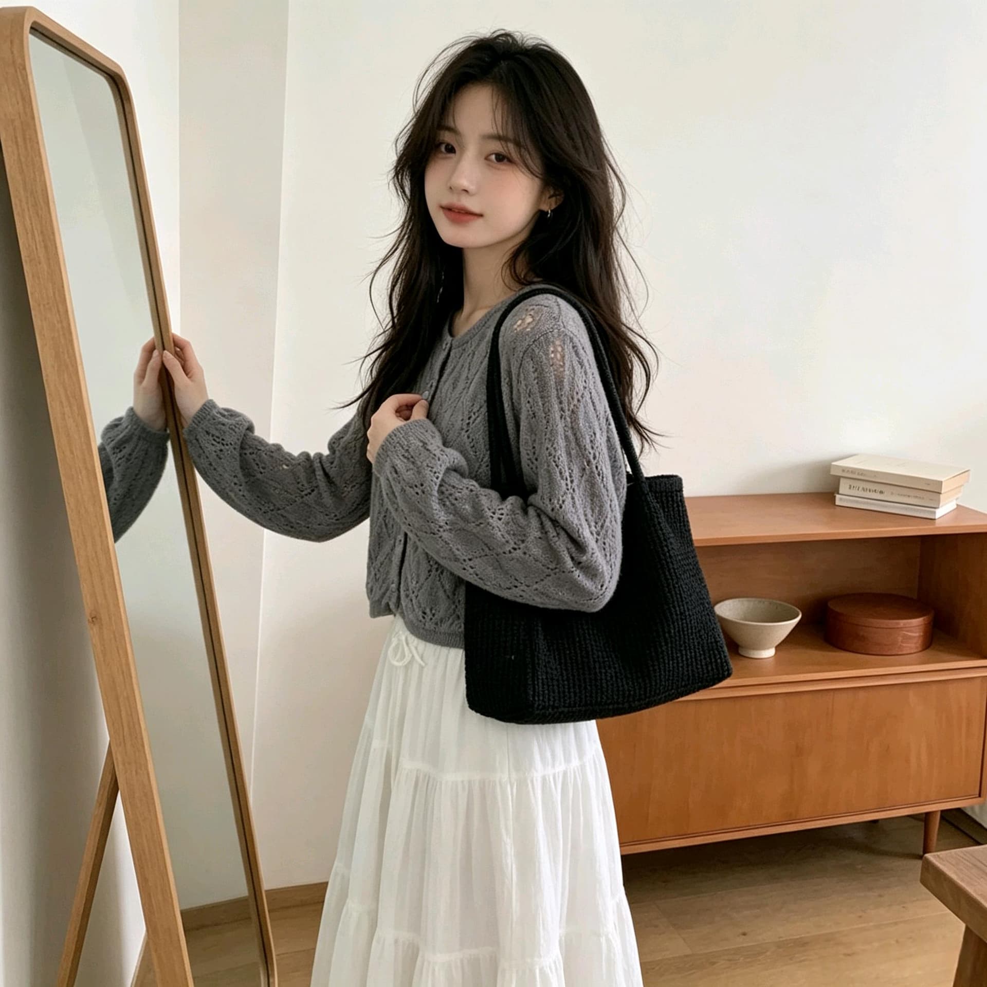 실사 이른 가을 얇은 스타일 통기성 홀로우 아웃 니트 오픈 가디건 레트로 링 그리드 무늬 루즈핏 작은 키 쇼트 스타일 외부 가져 가라. 상세 이미지 7