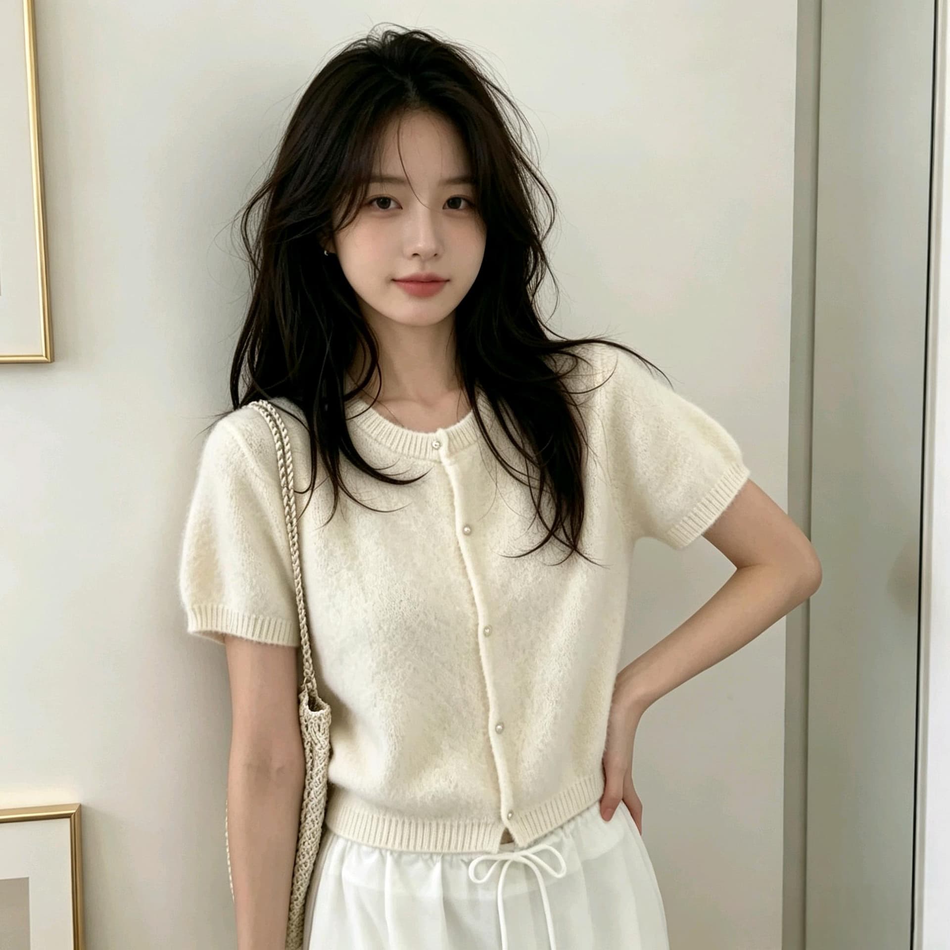 실사 한 부서 부드러운 찹쌀 반팔 니트 작은 열림 셔츠 3 색 선택 사항 작은 키 쇼트 스타일 슬림해 보이는 라운드 넥 싱글 줄 버튼