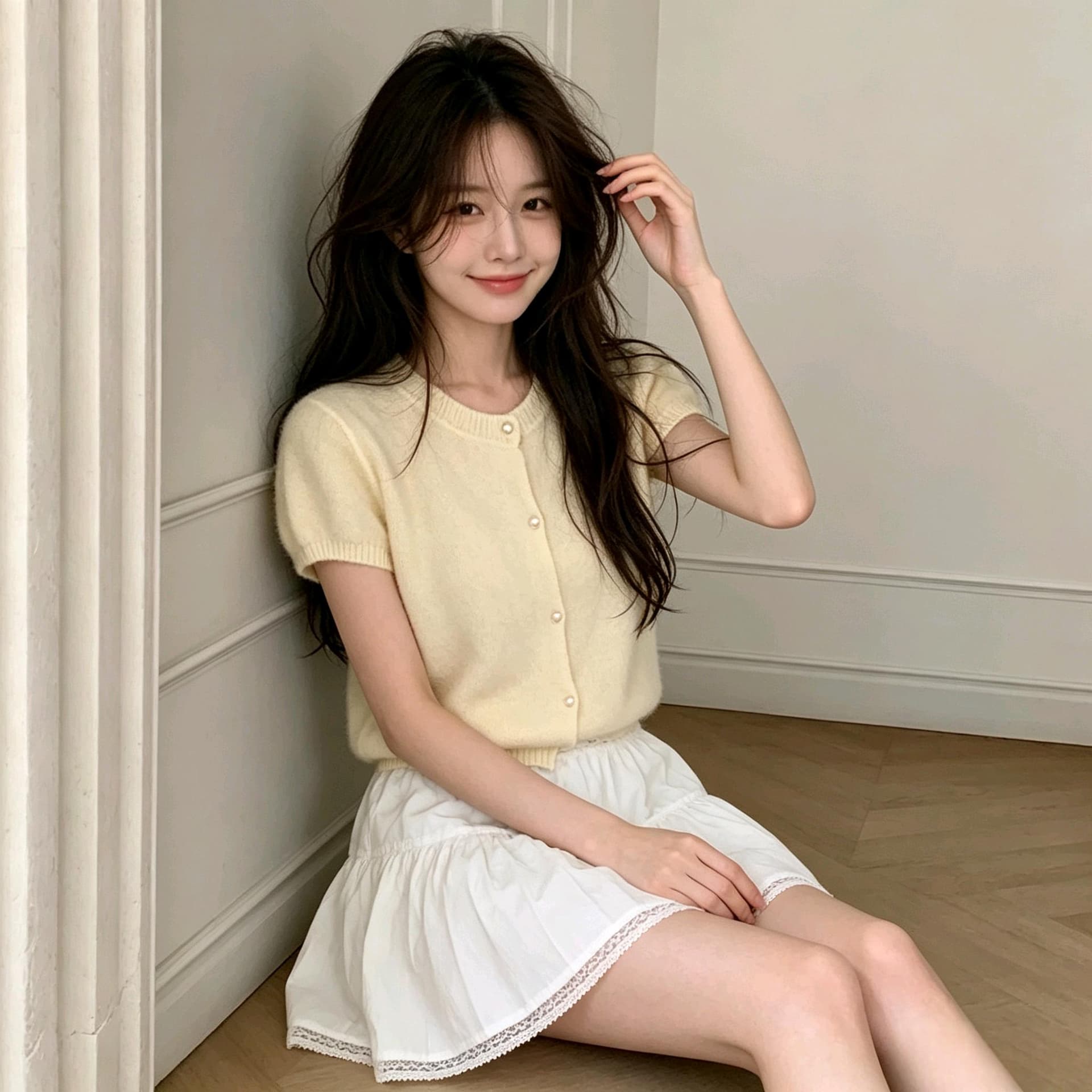 실사 한 부서 부드러운 찹쌀 반팔 니트 작은 열림 셔츠 3 색 선택 사항 작은 키 쇼트 스타일 슬림해 보이는 라운드 넥 싱글 줄 버튼 이미지 2