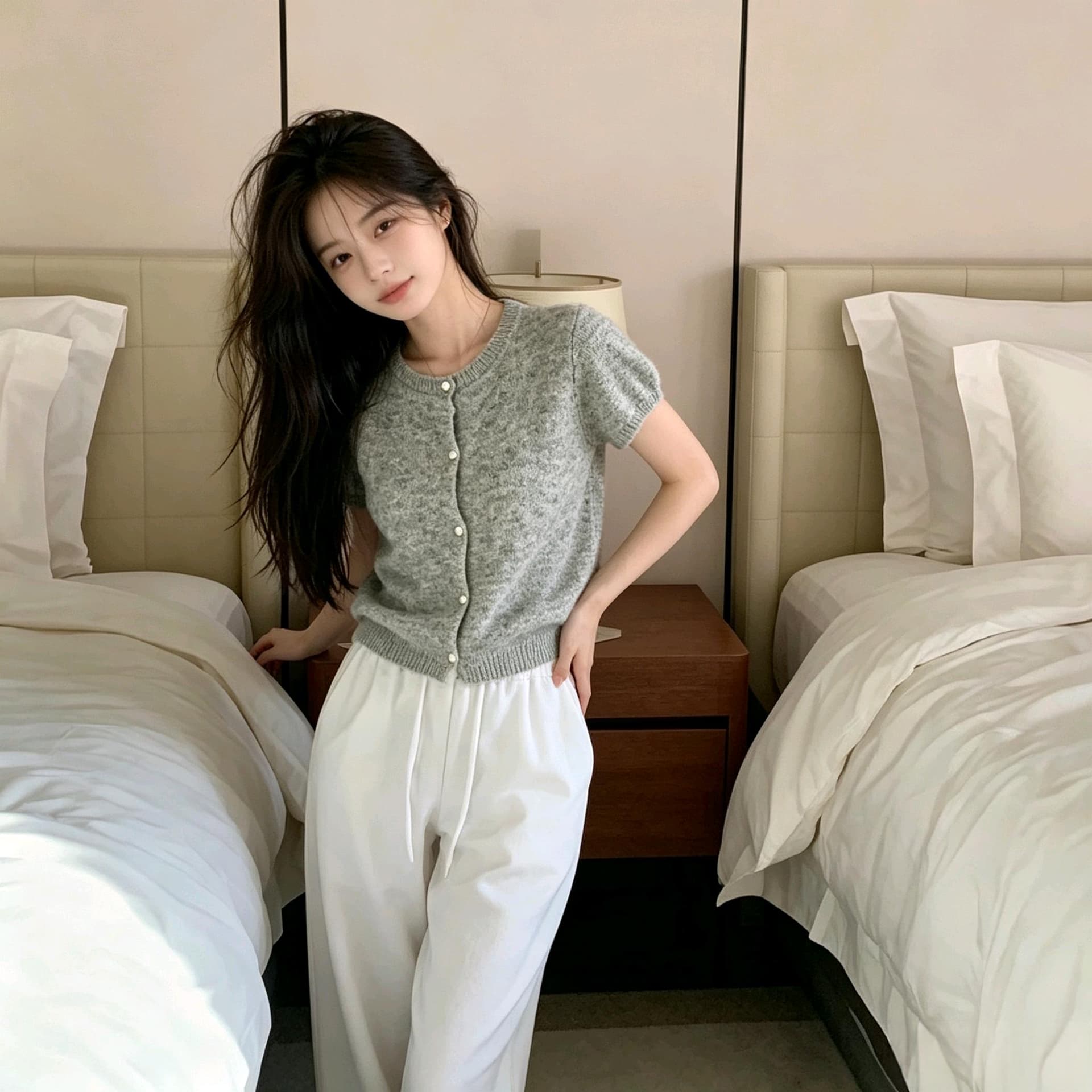 실사 한 부서 부드러운 찹쌀 반팔 니트 작은 열림 셔츠 3 색 선택 사항 작은 키 쇼트 스타일 슬림해 보이는 라운드 넥 싱글 줄 버튼 이미지 3