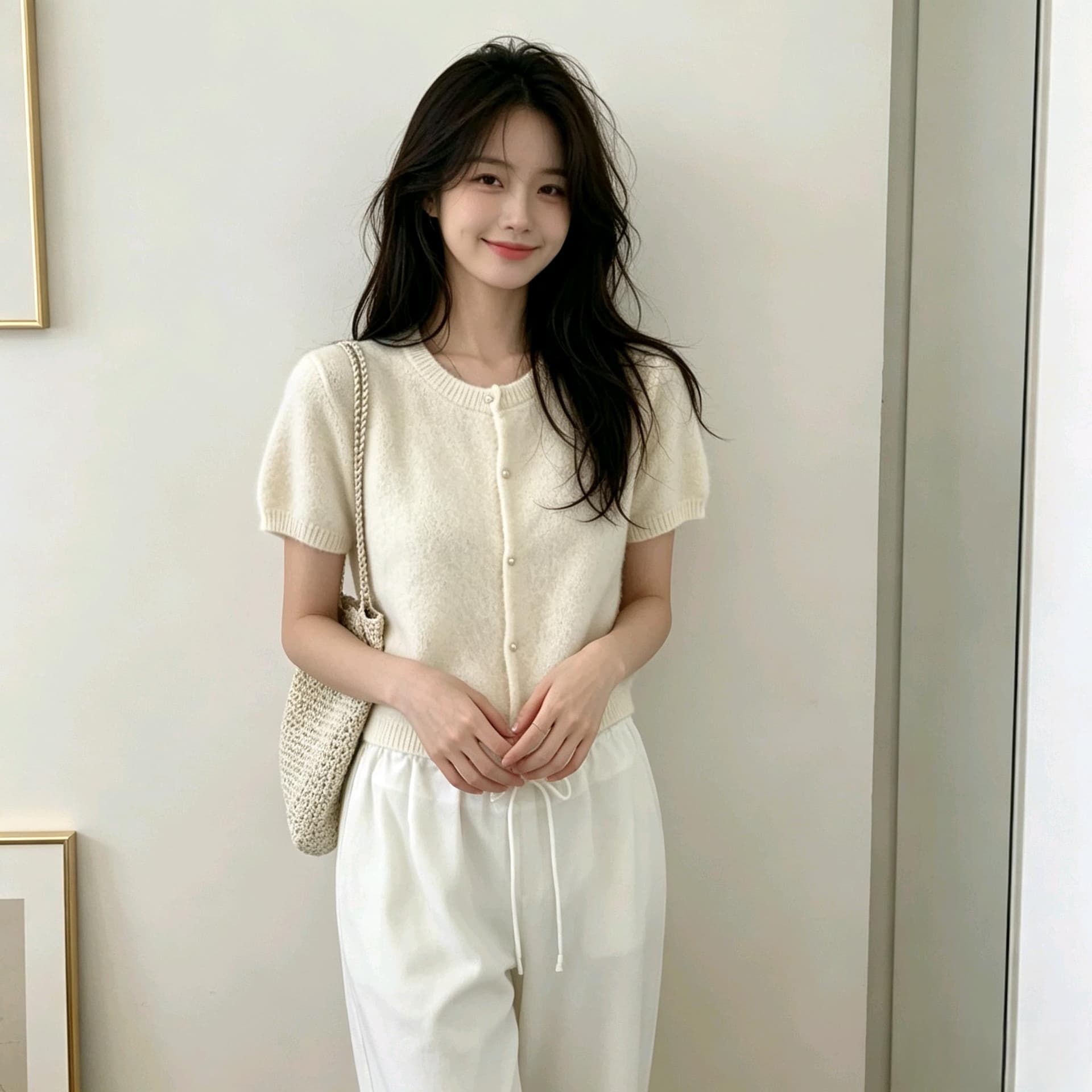 실사 한 부서 부드러운 찹쌀 반팔 니트 작은 열림 셔츠 3 색 선택 사항 작은 키 쇼트 스타일 슬림해 보이는 라운드 넥 싱글 줄 버튼 상세 이미지 3