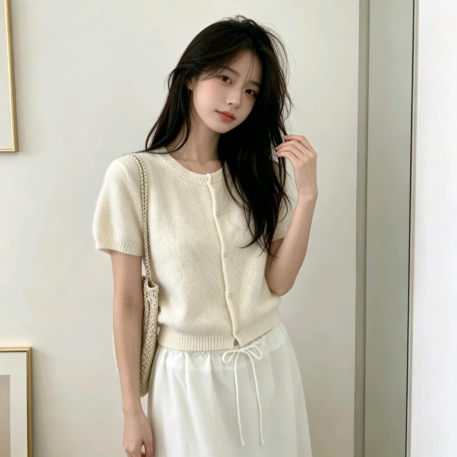 실사 한 부서 부드러운 찹쌀 반팔 니트 작은 열림 셔츠 3 색 선택 사항 작은 키 쇼트 스타일 슬림해 보이는 라운드 넥 싱글 줄 버튼 상세 이미지 4
