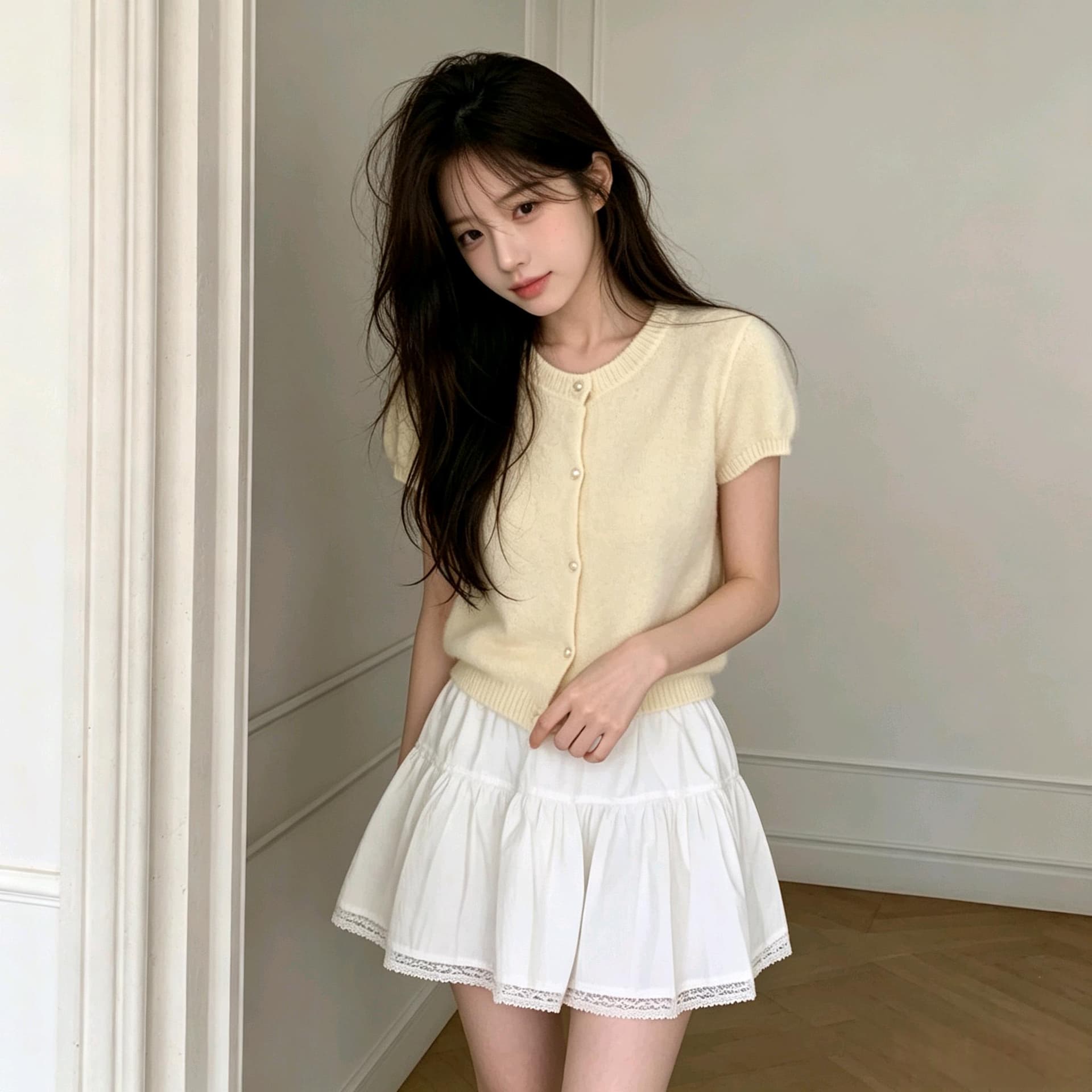 실사 한 부서 부드러운 찹쌀 반팔 니트 작은 열림 셔츠 3 색 선택 사항 작은 키 쇼트 스타일 슬림해 보이는 라운드 넥 싱글 줄 버튼 상세 이미지 7
