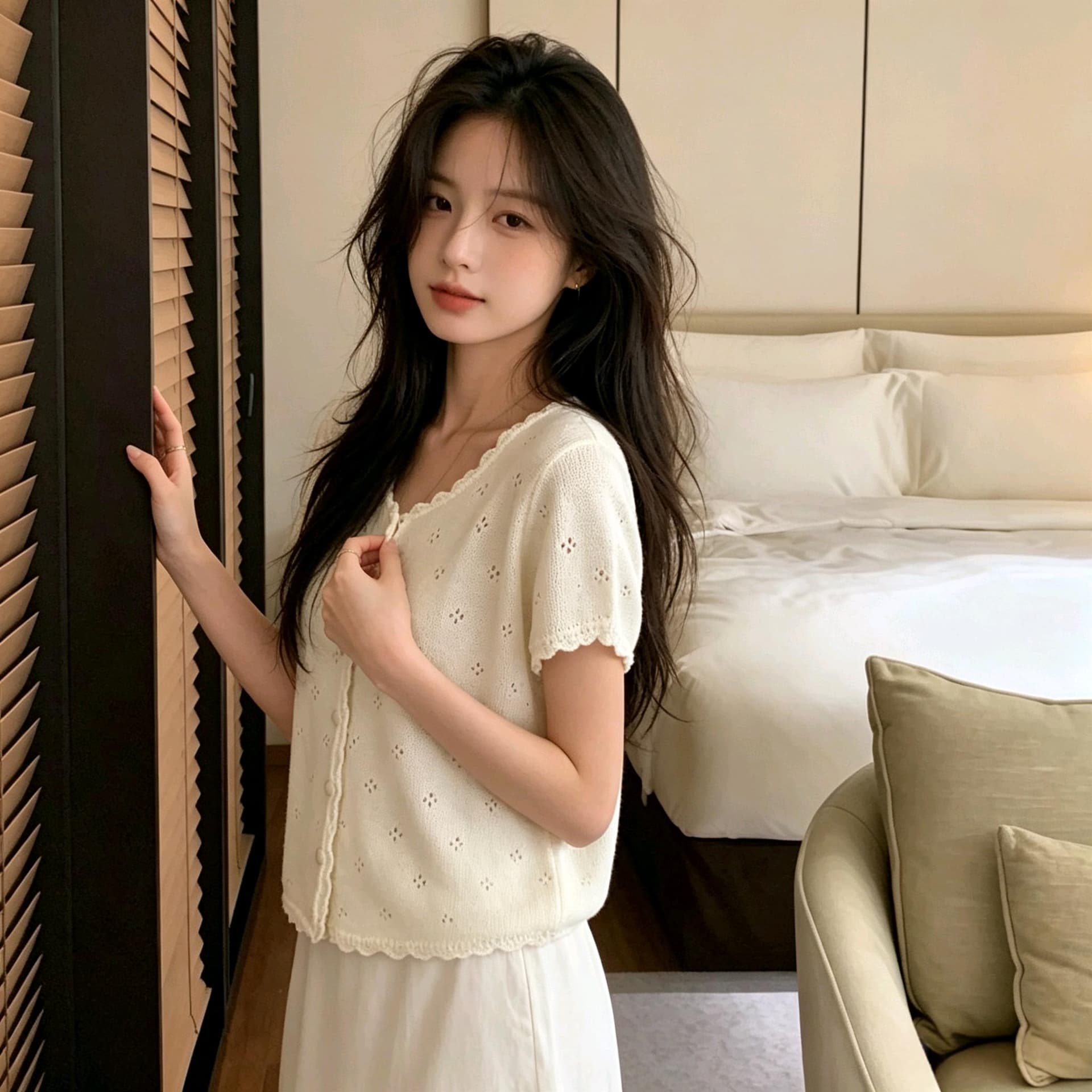 실사 홀로우 아웃 반팔 니트 오픈 가디건 여성 한 부서 레이스 라운드 넥 싱글 줄 버튼 쇼트 스타일 부드러운 슬림해 보이는 얇은 스타일 맨위 이미지 3