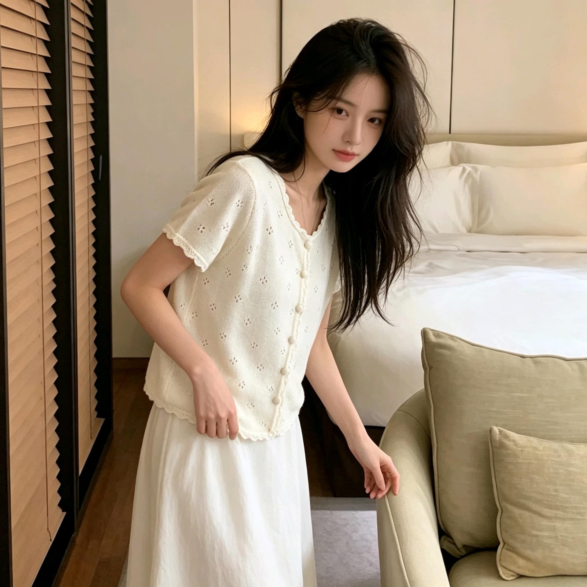 실사 홀로우 아웃 반팔 니트 오픈 가디건 여성 한 부서 레이스 라운드 넥 싱글 줄 버튼 쇼트 스타일 부드러운 슬림해 보이는 얇은 스타일 맨위 상세 이미지 7