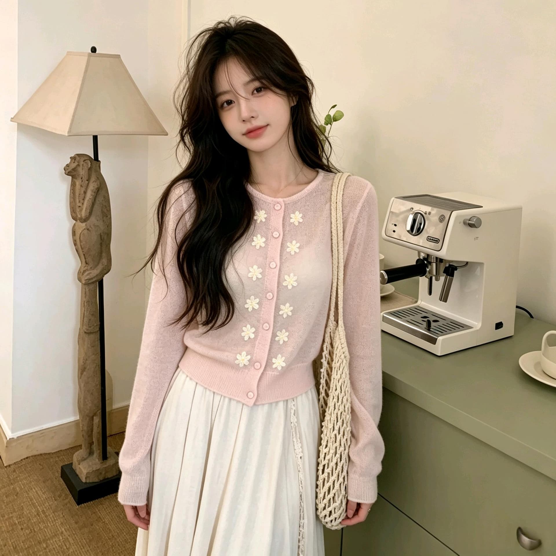 실사 한 부서 분위기 센스 꽃 자수 니트 작은 열림 셔츠 이른 가을 마이크로 ~을 통해 부드러운 찹쌀 슬림해 보이는 쇼트 스타일 긴팔
