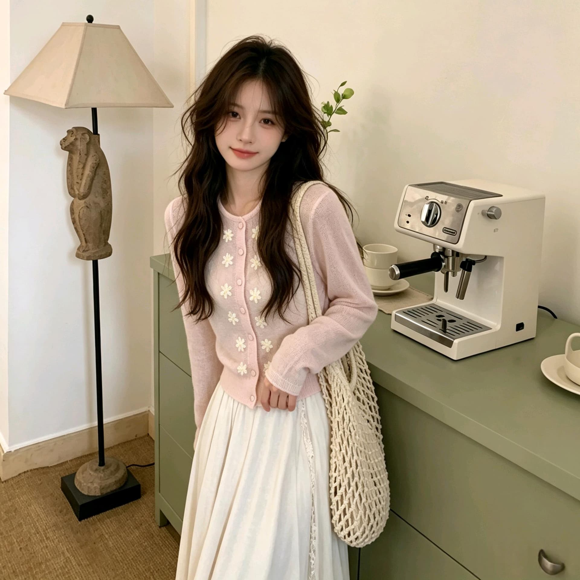 실사 한 부서 분위기 센스 꽃 자수 니트 작은 열림 셔츠 이른 가을 마이크로 ~을 통해 부드러운 찹쌀 슬림해 보이는 쇼트 스타일 긴팔 이미지 2
