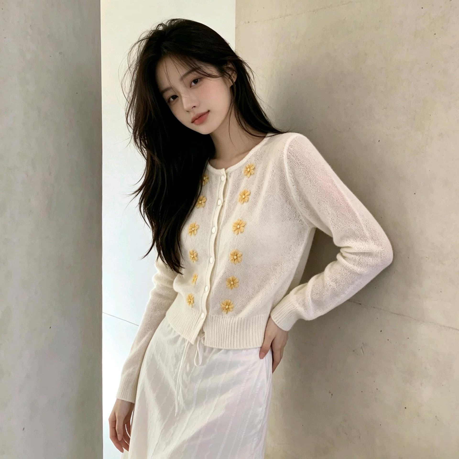 실사 한 부서 분위기 센스 꽃 자수 니트 작은 열림 셔츠 이른 가을 마이크로 ~을 통해 부드러운 찹쌀 슬림해 보이는 쇼트 스타일 긴팔 상세 이미지 2
