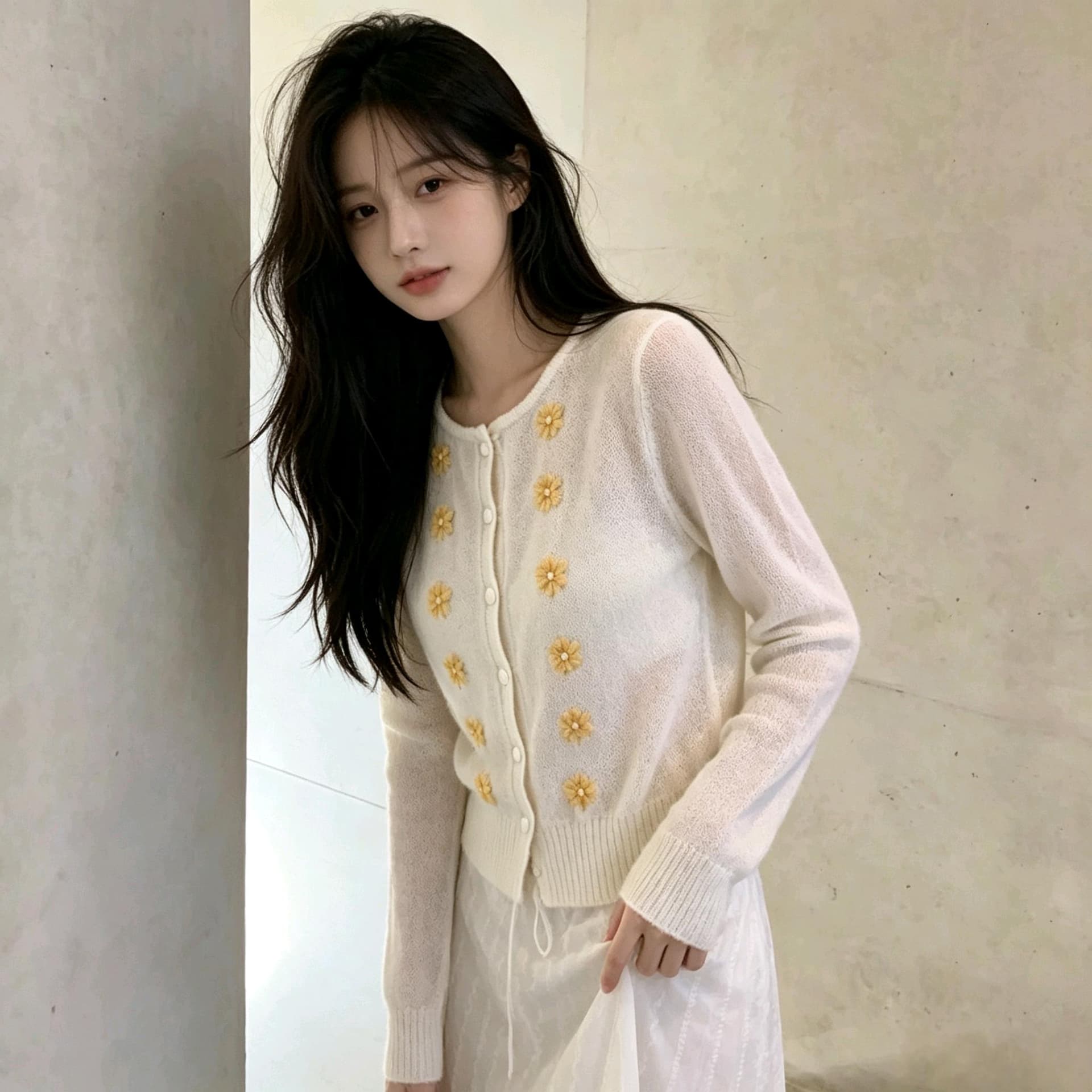 실사 한 부서 분위기 센스 꽃 자수 니트 작은 열림 셔츠 이른 가을 마이크로 ~을 통해 부드러운 찹쌀 슬림해 보이는 쇼트 스타일 긴팔 상세 이미지 3