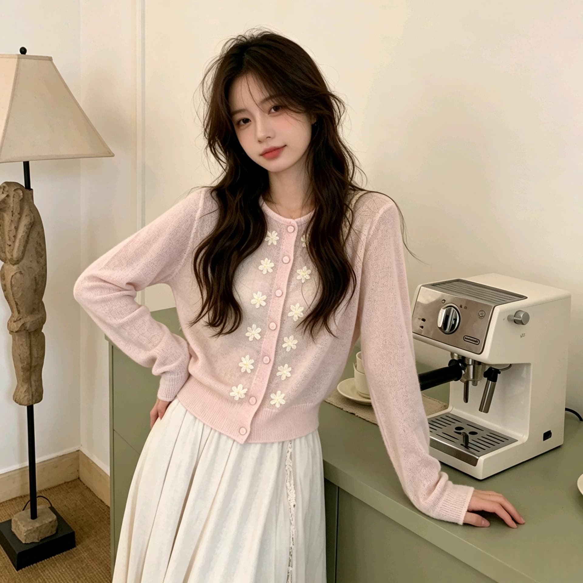 실사 한 부서 분위기 센스 꽃 자수 니트 작은 열림 셔츠 이른 가을 마이크로 ~을 통해 부드러운 찹쌀 슬림해 보이는 쇼트 스타일 긴팔 상세 이미지 5