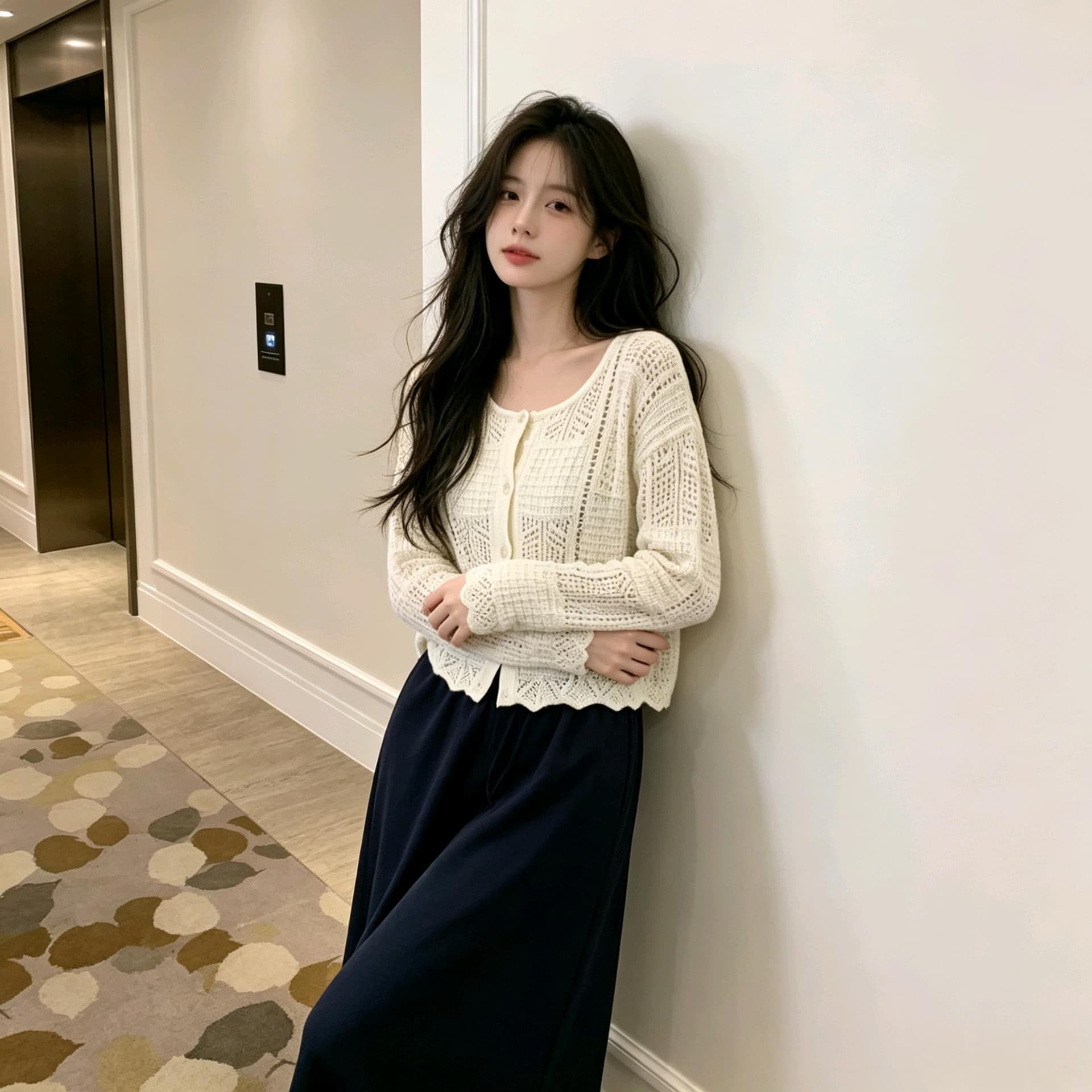 실사 이른 가을 홀로우 아웃 자수 니트 오픈 가디건 여성 한 부서 부드러운 바람 루즈핏 외부 가져 가라. 라운드 넥 레이스 슬림해 보이는 맨위 상세 이미지 7