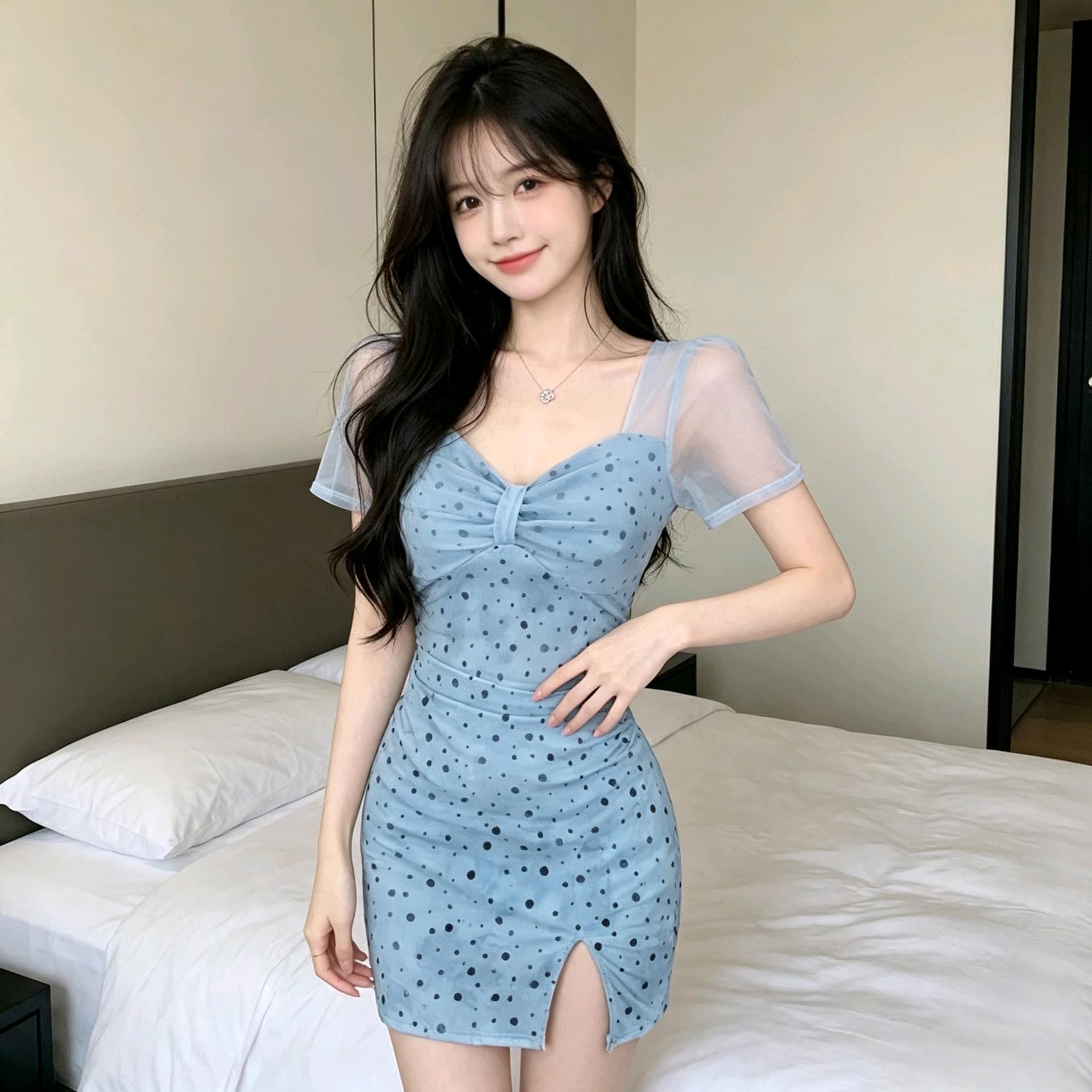 실사 2026 순수한 욕망 도트 무늬 망사 여성 드레스 광장 칼라 비틀림 몸매 가꾸기 트임 타이트 스커트 미니 스커트 상세 이미지 2