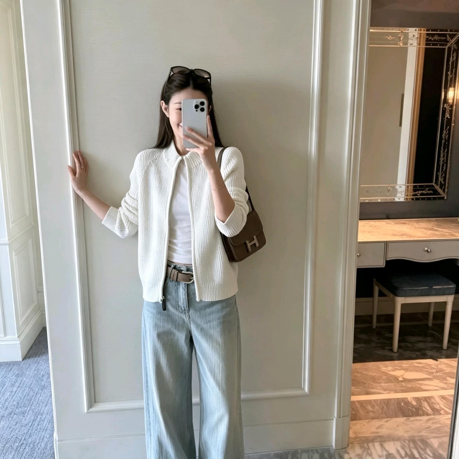경관 그림 한 부서 스탠드 칼라 지퍼 니트 오픈 가디건 슬림해 보이는 쇼트 스타일 다용도 출퇴근 스웨터 코트 이미지 3