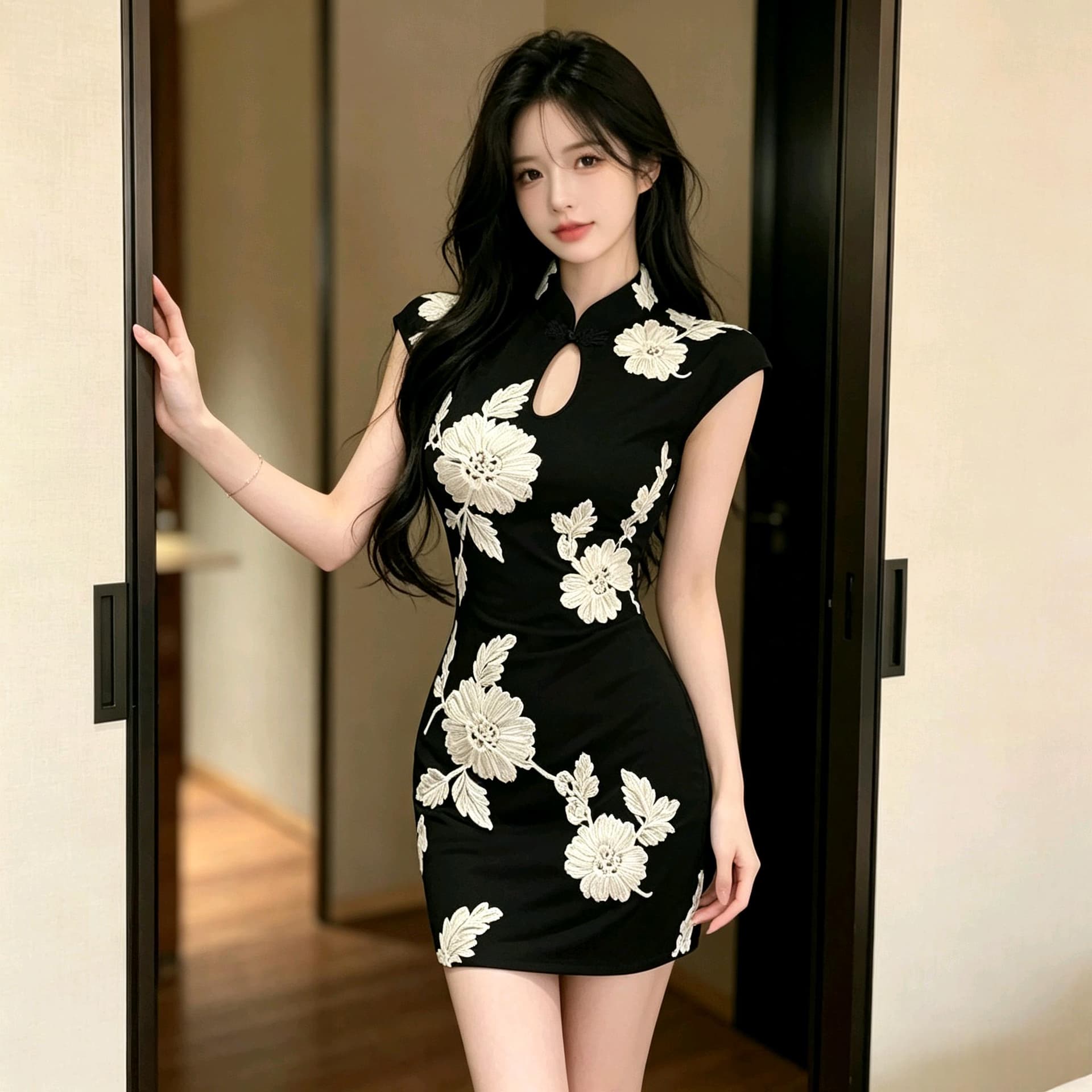 실사 국풍 순수한 욕망 핫걸 치마 무거운 작업 꽃무늬 자수 스탠드 칼라 치파오 짧은 치마 블랙 살구 더블 색상 몸매 가꾸기 상세 이미지 2