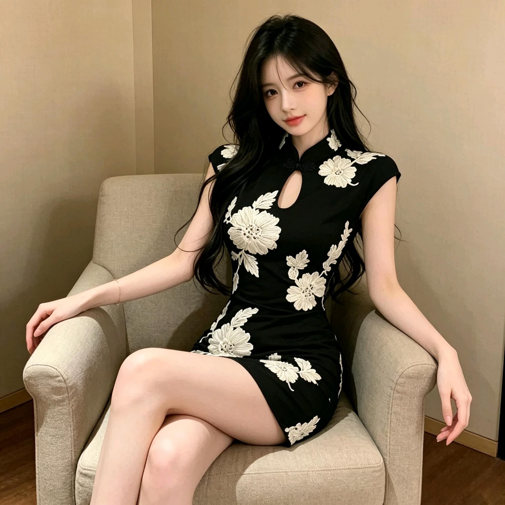 실사 국풍 순수한 욕망 핫걸 치마 무거운 작업 꽃무늬 자수 스탠드 칼라 치파오 짧은 치마 블랙 살구 더블 색상 몸매 가꾸기 상세 이미지 3