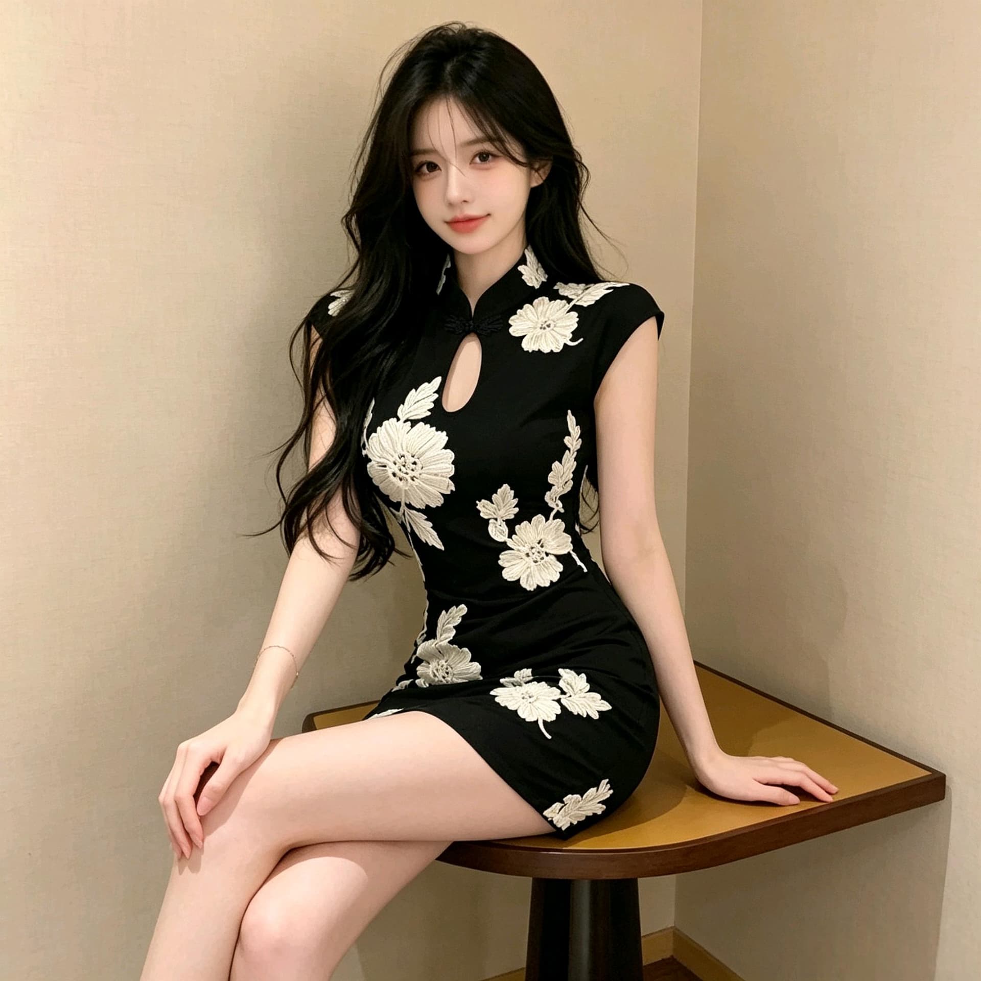 실사 국풍 순수한 욕망 핫걸 치마 무거운 작업 꽃무늬 자수 스탠드 칼라 치파오 짧은 치마 블랙 살구 더블 색상 몸매 가꾸기 상세 이미지 5