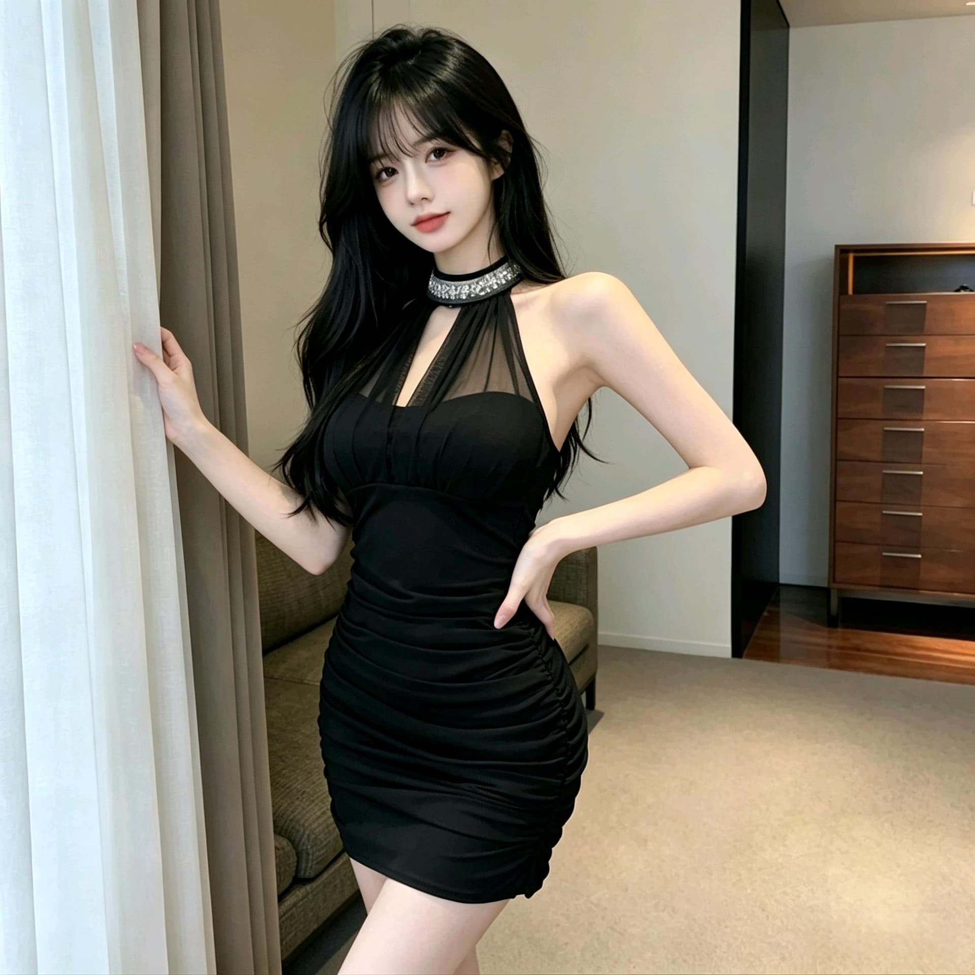 실사 순수한 욕망 핫걸 행침 목 드레스 무거운 작업 스와로브스키 칼라 망사 디자인 하이웨이스트 주름 타이트 스커트 슬림해 보이는 이미지 3