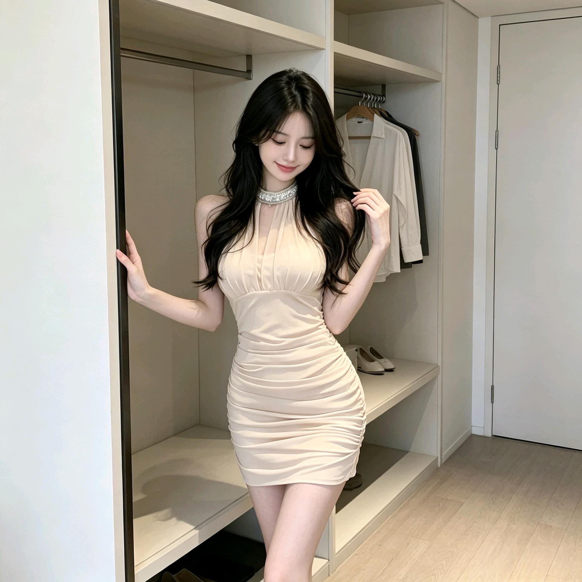실사 순수한 욕망 핫걸 행침 목 드레스 무거운 작업 스와로브스키 칼라 망사 디자인 하이웨이스트 주름 타이트 스커트 슬림해 보이는 상세 이미지 6