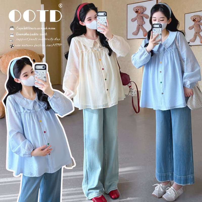 실사 2026 봄 새로운 임산부 한국 스타일 베이비 칼라 프릴 패치워크 달콤함 인형 셔츠 맨위 이미지 2
