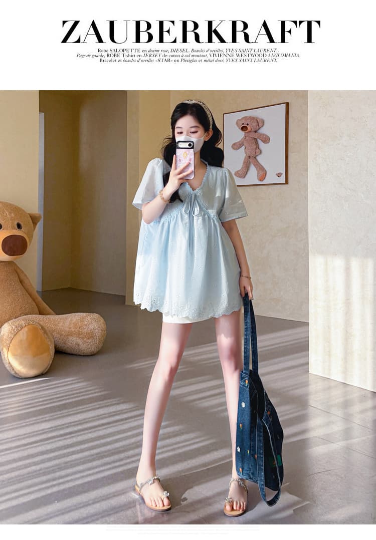 실사 2026 여름 새로운 임산부 한국 스타일 V넥 레이스 자수 연령 감소 인형 셔츠 맨위 복부 지지 반바지 상세 이미지 51
