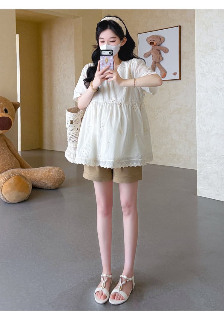실사 2026 여름 새로운 임산부 한국 스타일 레이스 자수 연령 감소 인형 셔츠 맨위 복부 지지 반바지 상세 이미지 19