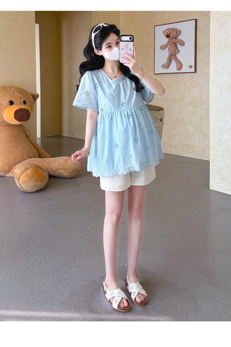 실사 2026 여름 새로운 임산부 한국 스타일 레이스 자수 연령 감소 인형 셔츠 맨위 복부 지지 반바지 상세 이미지 33