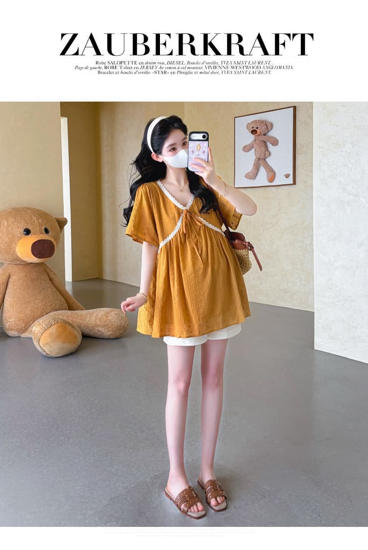 실사 2026 여름 새로운 임산부 한국 스타일 V넥 레이스 자수 연령 감소 인형 셔츠 맨위 복부 지지 반바지 상세 이미지 23