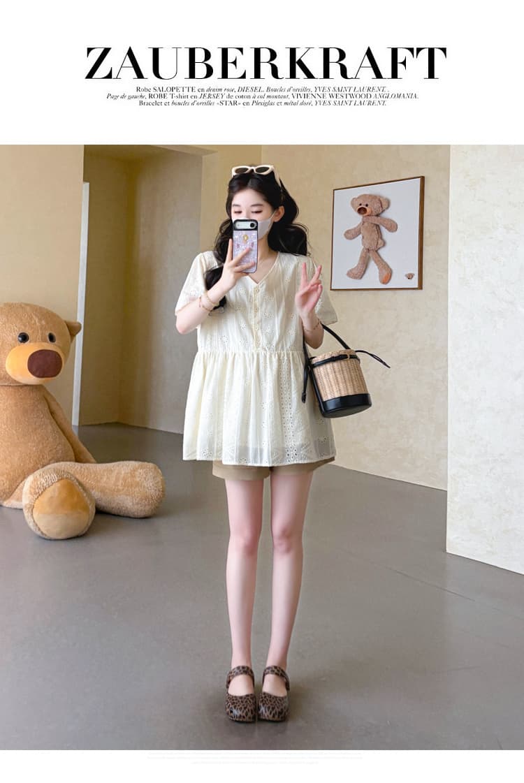 실사 2026 여름 새로운 임산부 한국 스타일 V넥 레이스 자수 연령 감소 인형 셔츠 맨위 복부 지지 반바지 상세 이미지 23