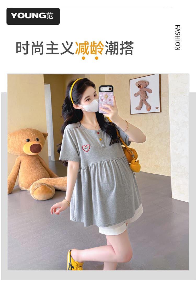 실사 2026 임산부 여름 새로운 캐주얼 반팔 달콤함 루즈핏 만화 인형 셔츠 티셔츠 복부 지지 반바지 상세 이미지 2
