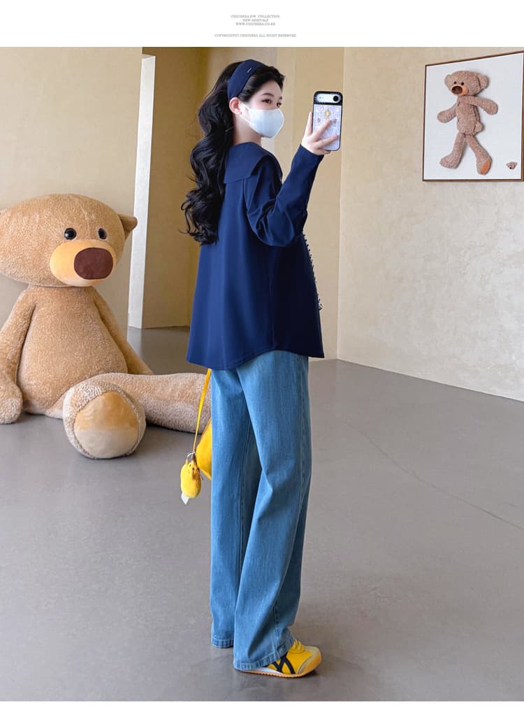 실사 2026 임산부 가을 새로운 긴팔 패션 해군 칼라 스트라이프 숄 리본 다용도 티셔츠 상세 이미지 14