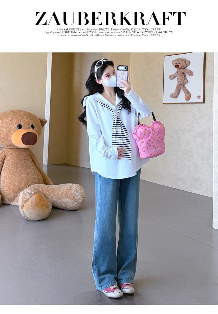 실사 2026 임산부 가을 새로운 긴팔 패션 해군 칼라 스트라이프 숄 리본 다용도 티셔츠 상세 이미지 29