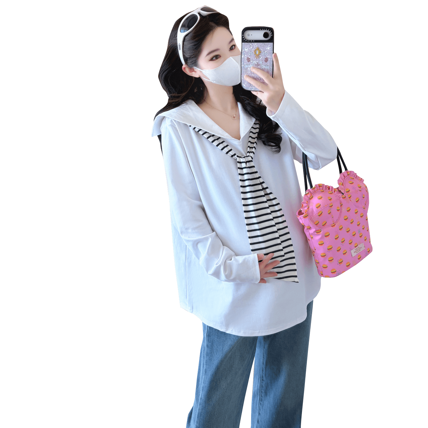 실사 2026 임산부 가을 새로운 긴팔 패션 해군 칼라 스트라이프 숄 리본 다용도 티셔츠 이미지 6