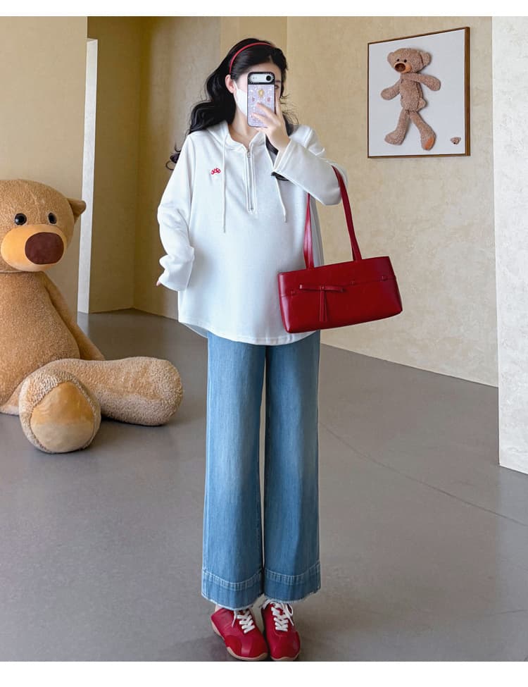 실사 2026 가을 새로운 임산부 한국 스타일 캐주얼 달콤함 자수 루즈핏 후드 티셔츠 트렌디 엄마 상세 이미지 22