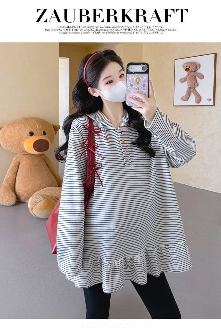 실사 2026 임산부 가을 새로운 긴팔 패션 후드 스트라이프 캐주얼 패치워크 프릴 루즈핏 티셔츠 상세 이미지 15