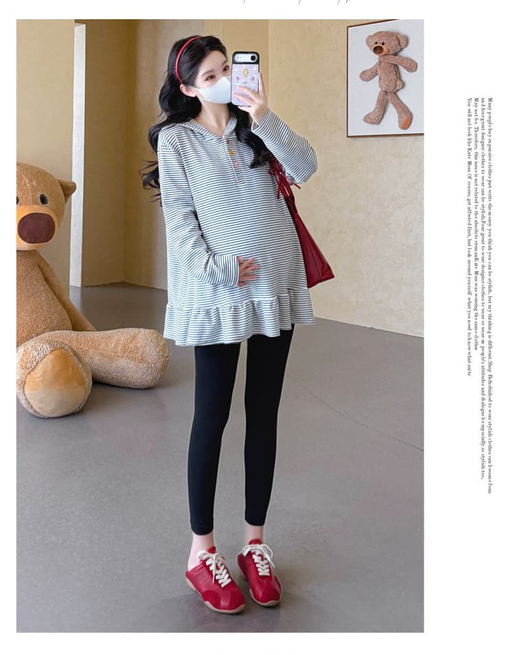 실사 2026 임산부 가을 새로운 긴팔 패션 후드 스트라이프 캐주얼 패치워크 프릴 루즈핏 티셔츠 상세 이미지 19