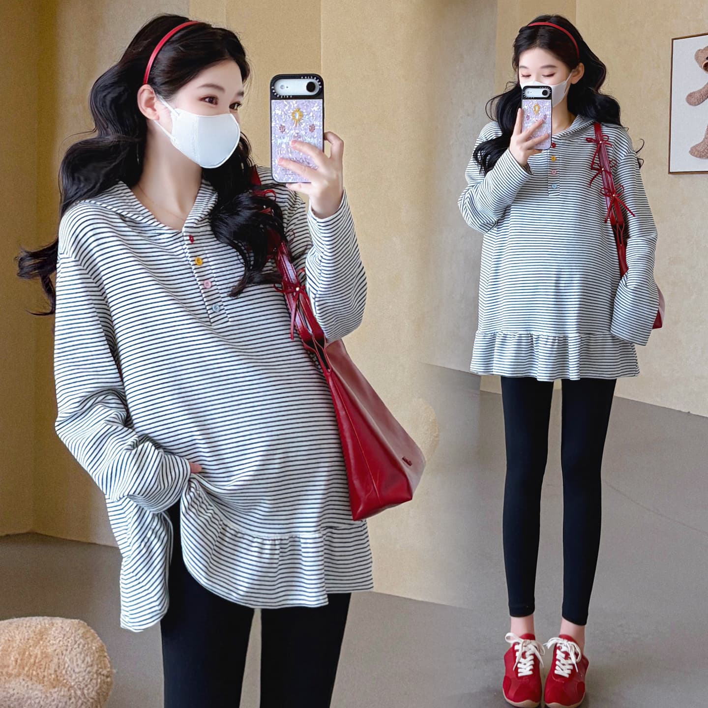 실사 2026 임산부 가을 새로운 긴팔 패션 후드 스트라이프 캐주얼 패치워크 프릴 루즈핏 티셔츠 이미지 4