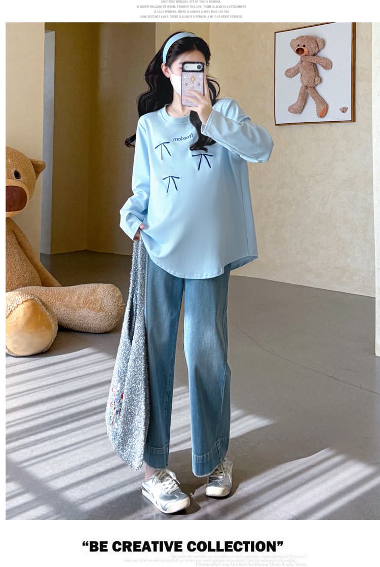 실사 2026 가을 새로운 임산부 한국 스타일 캐주얼 달콤함 자수 루즈핏 연령 감소 티셔츠 상세 이미지 41