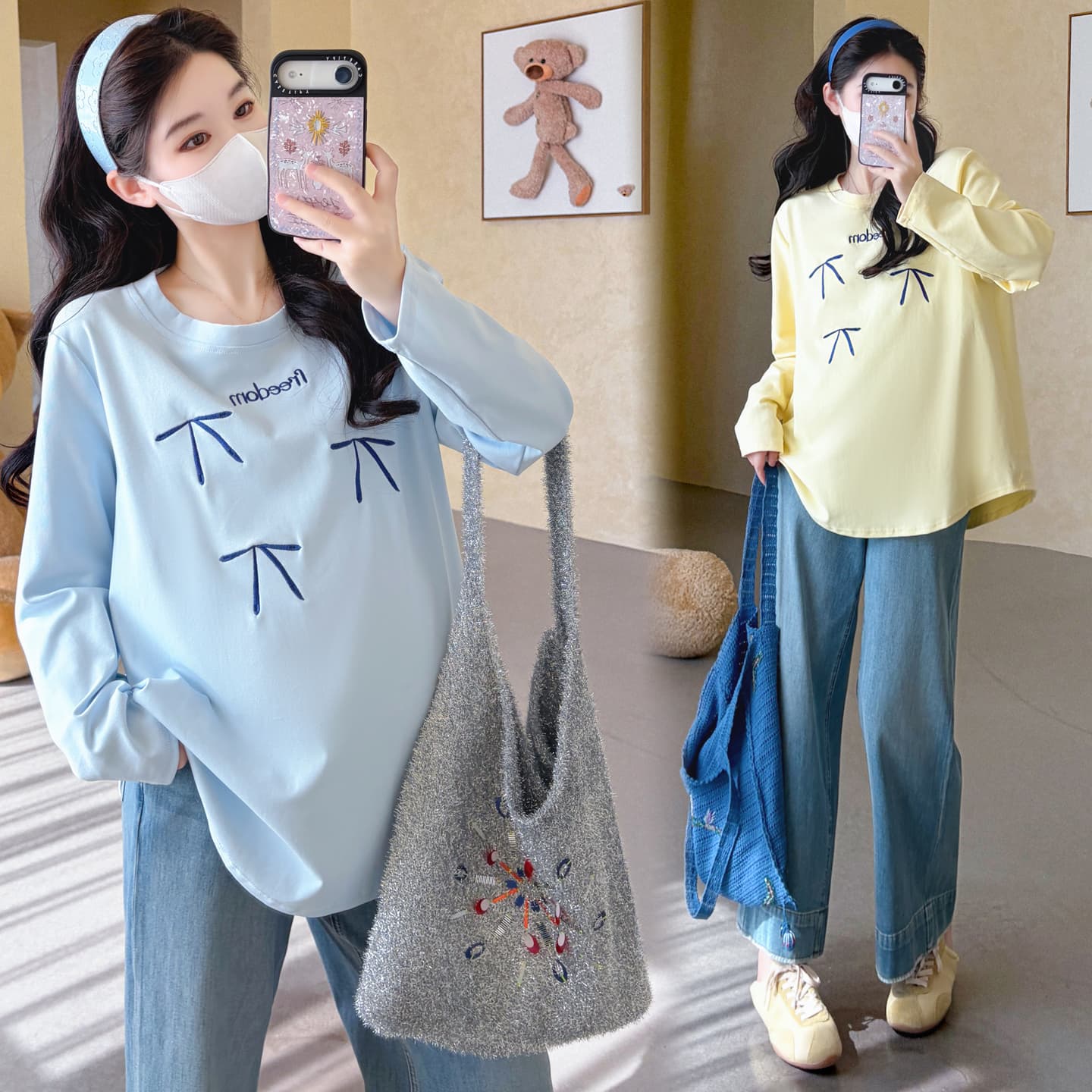 실사 2026 가을 새로운 임산부 한국 스타일 캐주얼 달콤함 자수 루즈핏 연령 감소 티셔츠 이미지 4