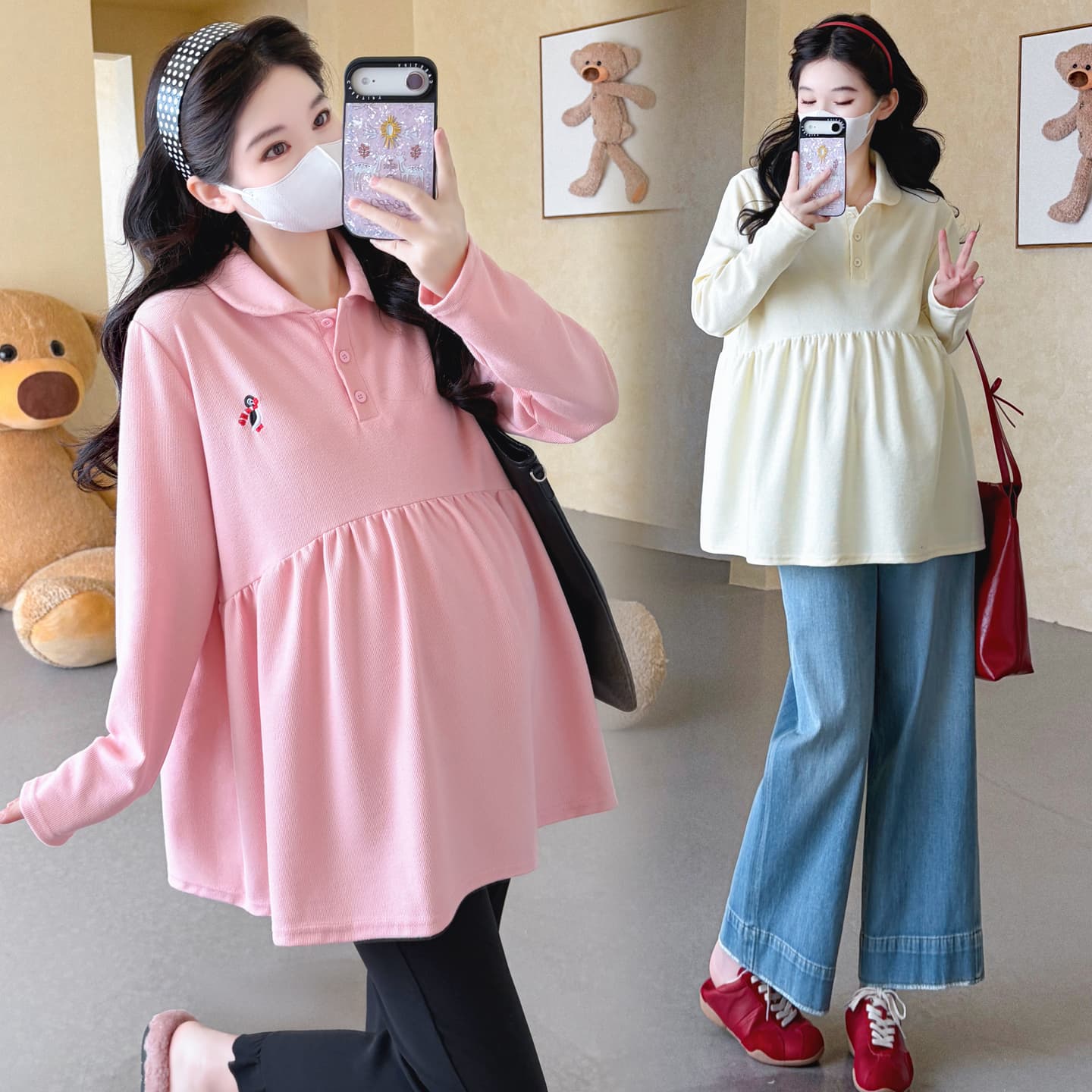 실사 2026 임산부 가을 새로운 캐주얼 긴팔 달콤함 베이비 칼라 순면 루즈핏 만화 맨위 이미지 5
