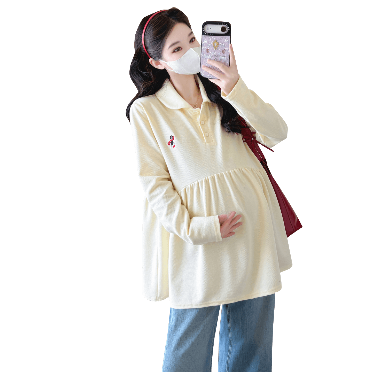 실사 2026 임산부 가을 새로운 캐주얼 긴팔 달콤함 베이비 칼라 순면 루즈핏 만화 맨위 이미지 6